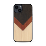 Coque de protection en bois véritable fabriquée en France pour  alliant du chêne fumé, du padouk et du bambou en forme de chevron sur le thème de l'art abstrait