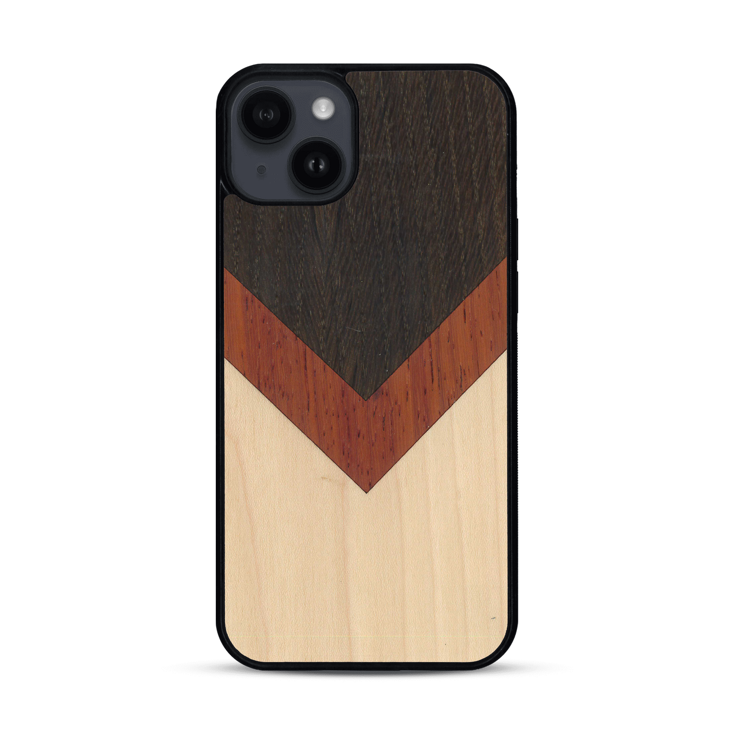 Coque de protection en bois véritable fabriquée en France pour  alliant du chêne fumé, du padouk et du bambou en forme de chevron sur le thème de l'art abstrait