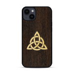 Coque de protection en bois véritable fabriquée en France pour  alliant du chêne fumé et du bambou représentant une triquetra