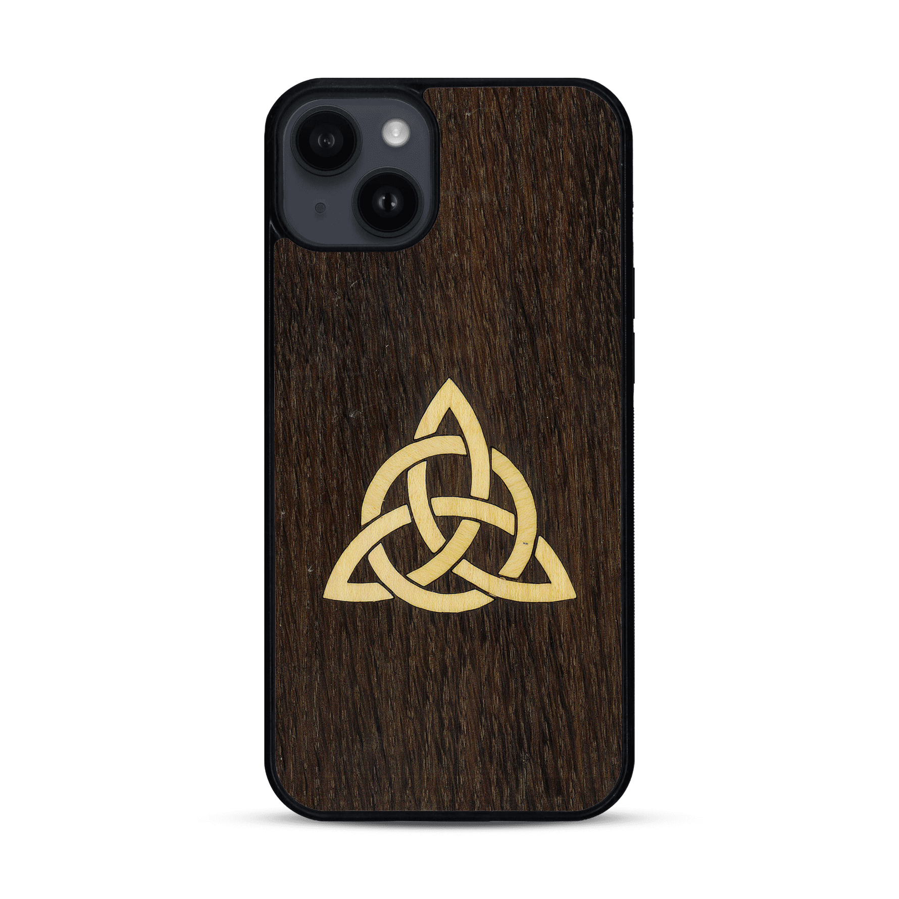 Coque de protection en bois véritable fabriquée en France pour  alliant du chêne fumé et du bambou représentant une triquetra
