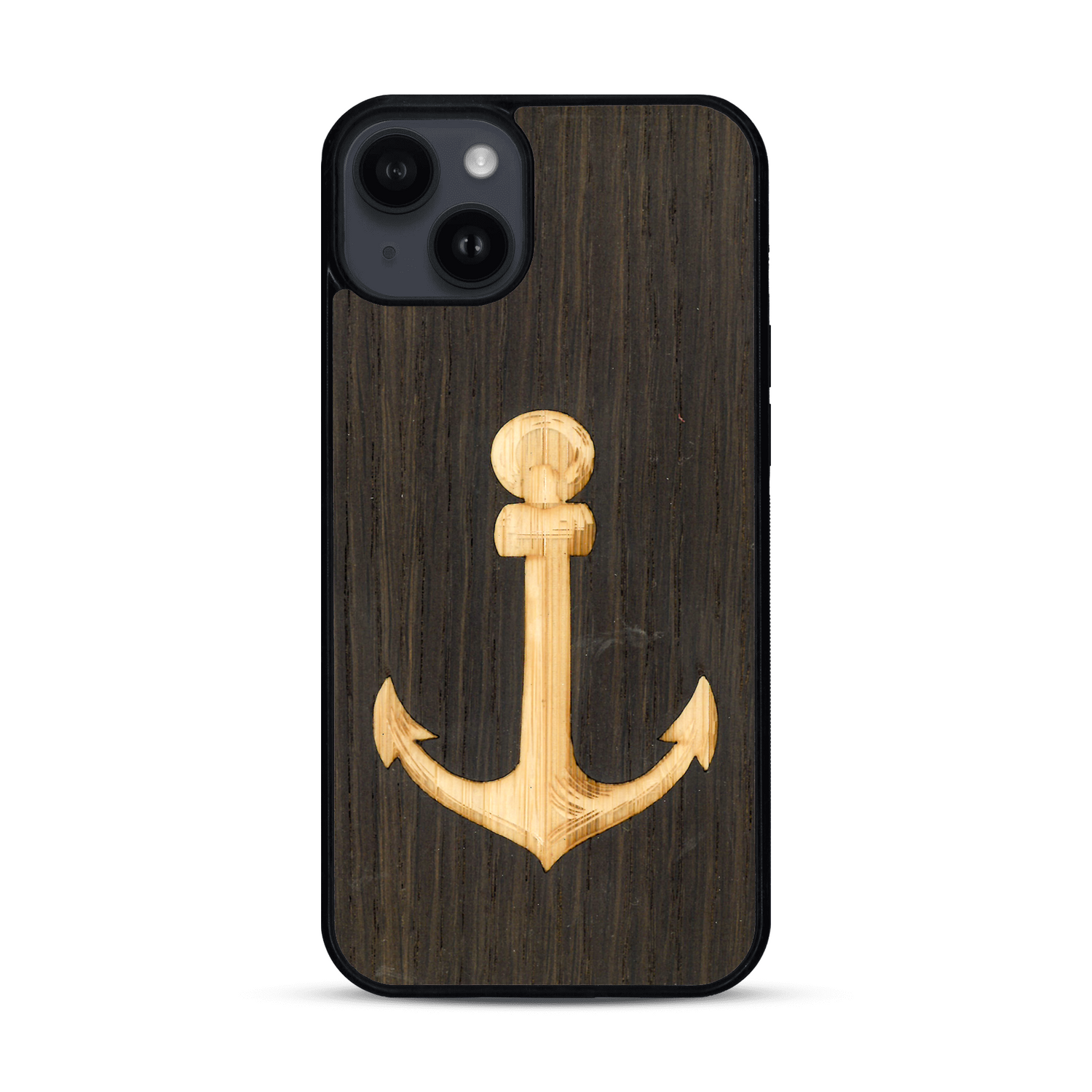 Coque de protection en bois véritable fabriquée en France pour  sur le thème nautique avec un bois clair et un bois foncé représentant une ancre de bateau