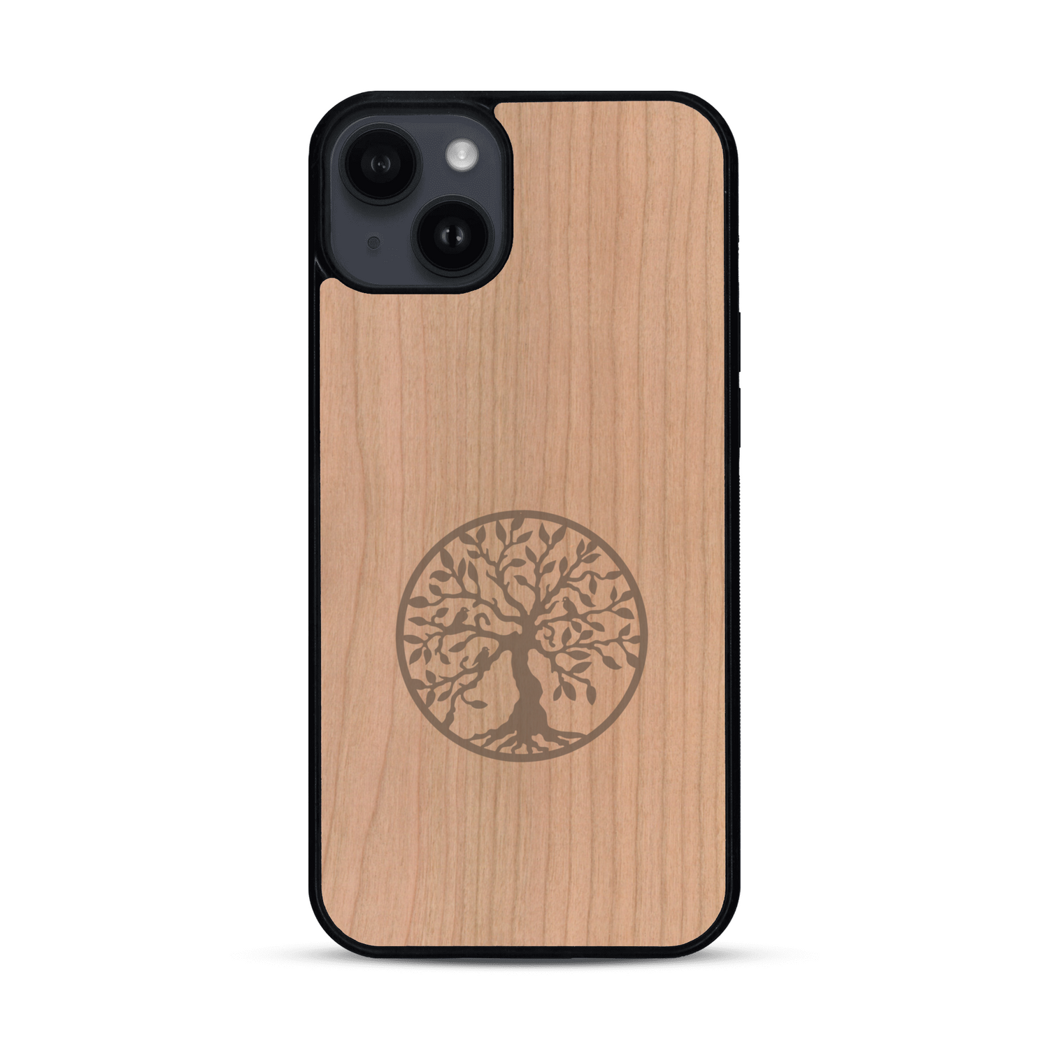 Coque de protection en bois véritable fabriquée en France pour  sur le thème de la spiritualité et du yoga avec une gravure zen représentant un arbre de vie