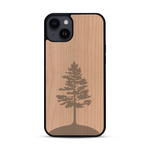 Coque de protection en bois véritable fabriquée en France pour  sur le thème de la nature, de la fôret et de l'écoresponsabilité avec une gravure représentant un arbre 