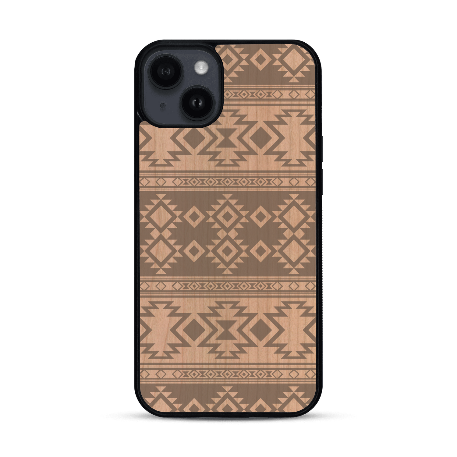 Coque de protection en bois véritable fabriquée en France pour  avec des motifs géométriques s'inspirant des temples aztèques, mayas et incas