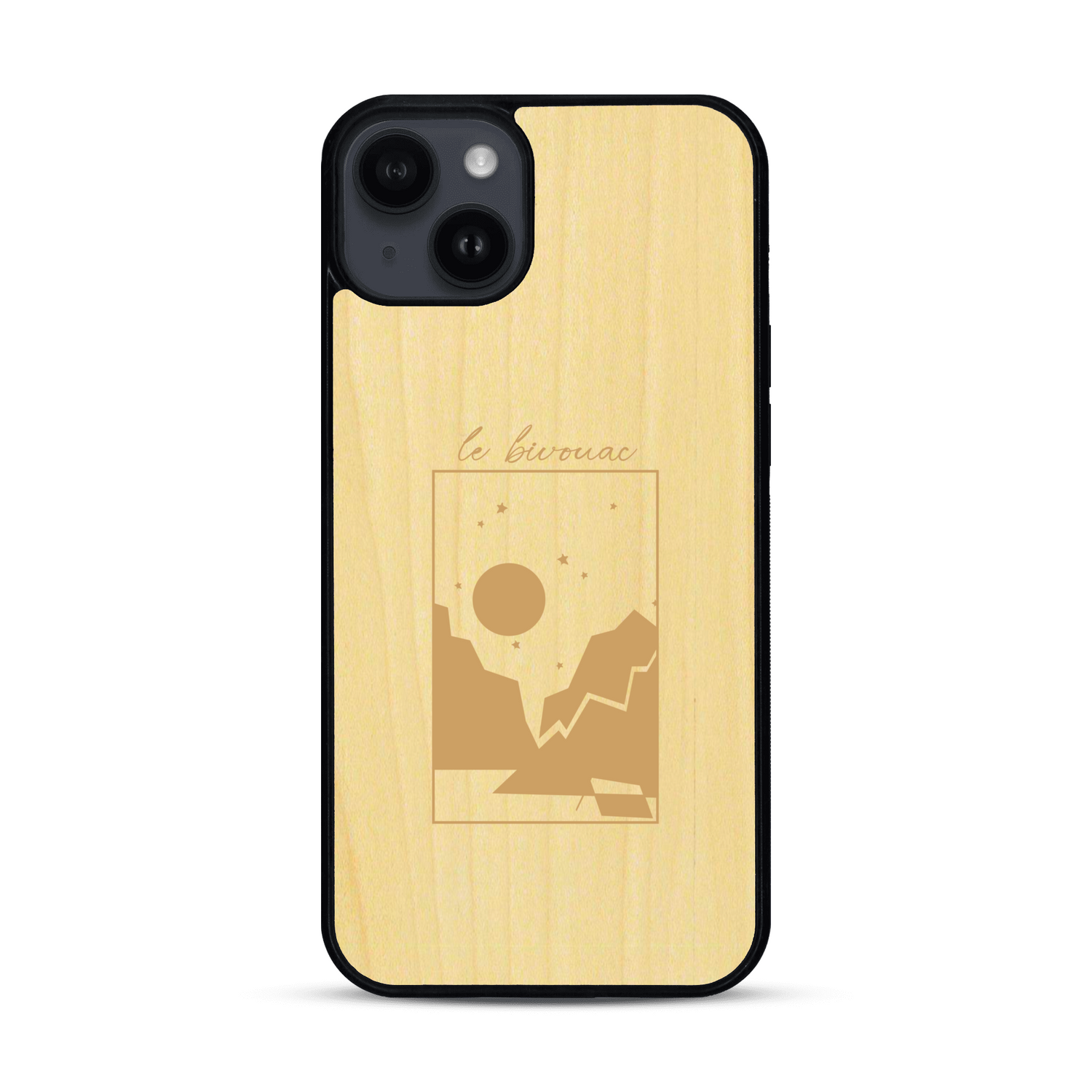 Coque de protection en bois véritable fabriquée en France pour  sur le thème du camping en pleine nature et du bivouac avec la phrase "Aventure is out there"