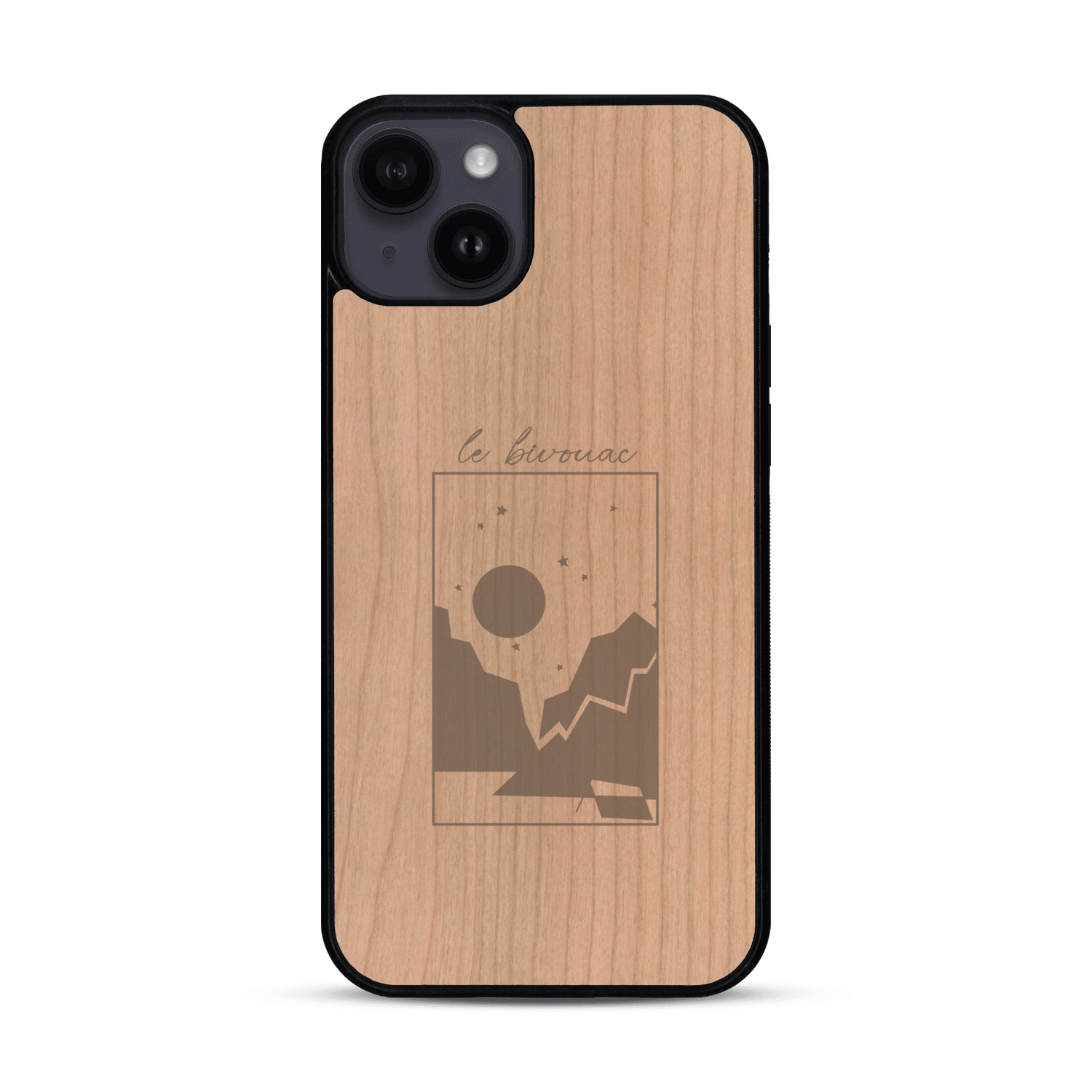 Coque de protection en bois véritable fabriquée en France pour  sur le thème du camping en pleine nature et du bivouac avec la phrase "Aventure is out there"