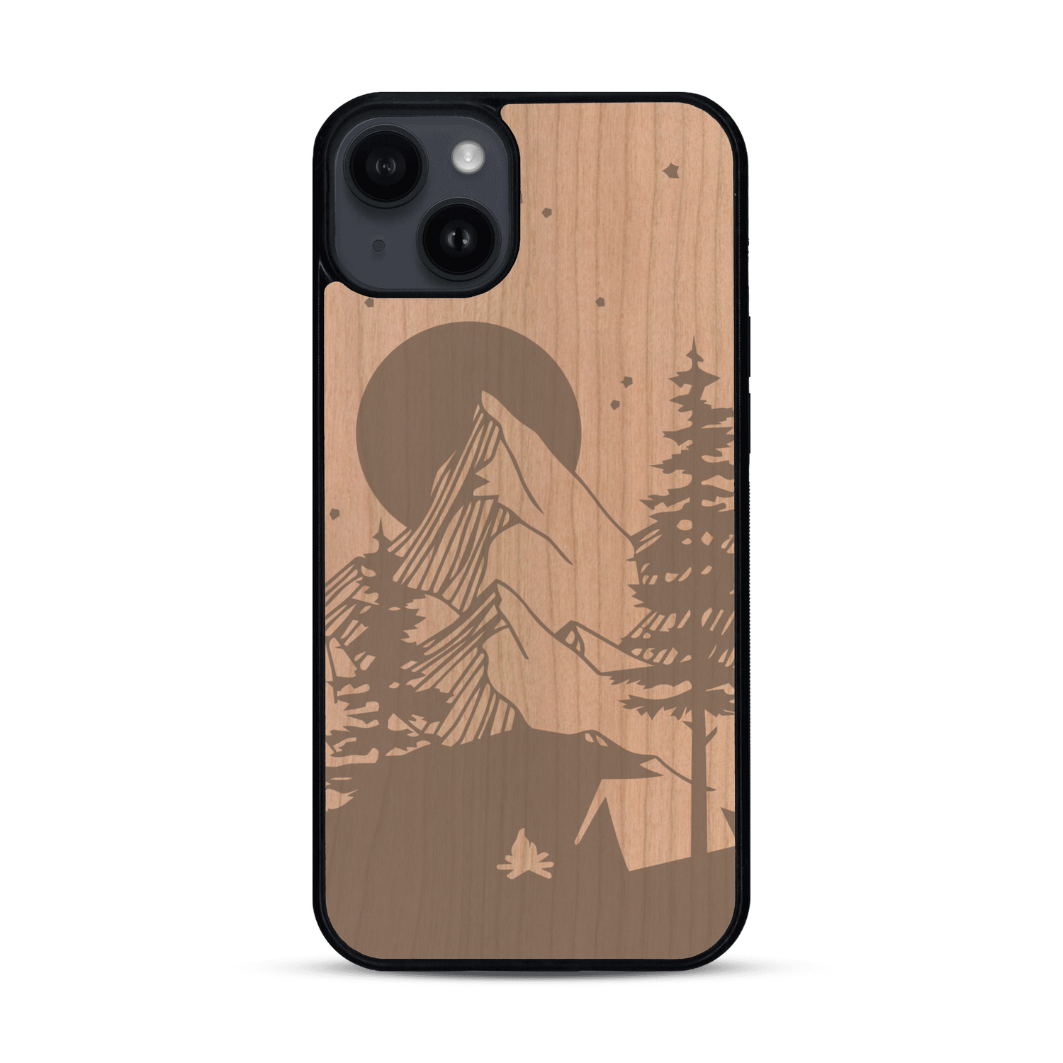 Coque de protection en bois véritable fabriquée en France pour  sur le thème du camping en pleine nature représentant une tente avec un feu de camp entouré de montagnes