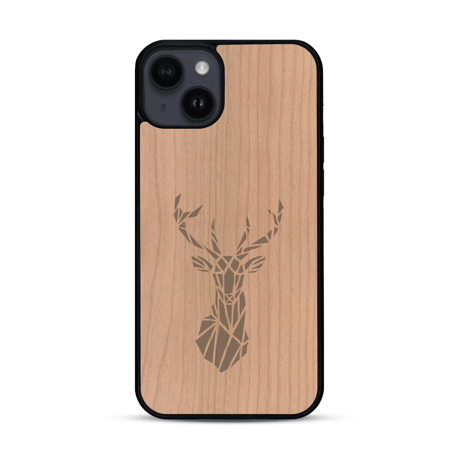 Coque de protection en bois véritable fabriquée en France pour  sur le thème de la nature et des animaux représentant une tête de cerf gométrique avec un design moderne et minimaliste