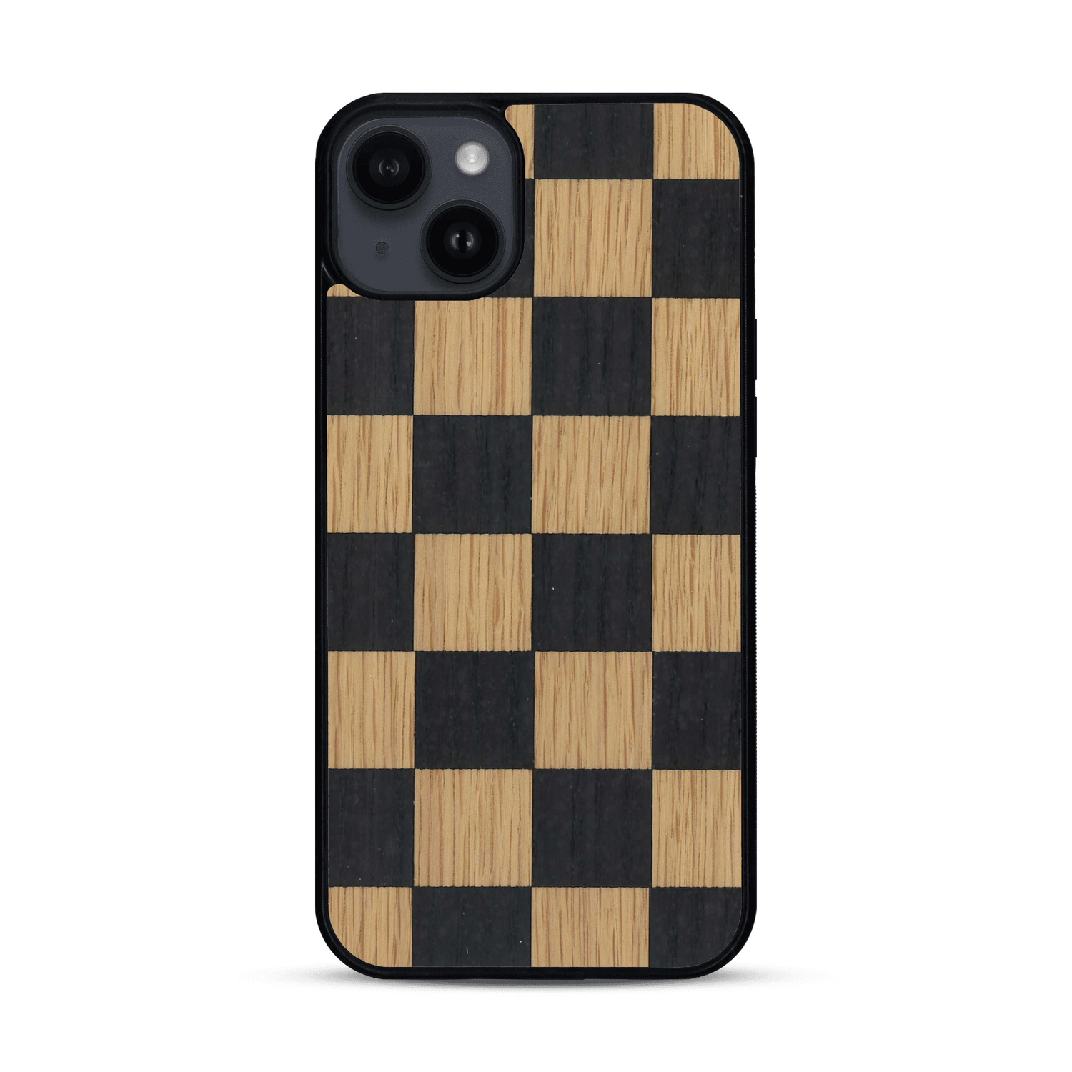 Coque de protection en bois véritable fabriquée en France pour  alliant plusieurs essences de bois pour représenter un damier