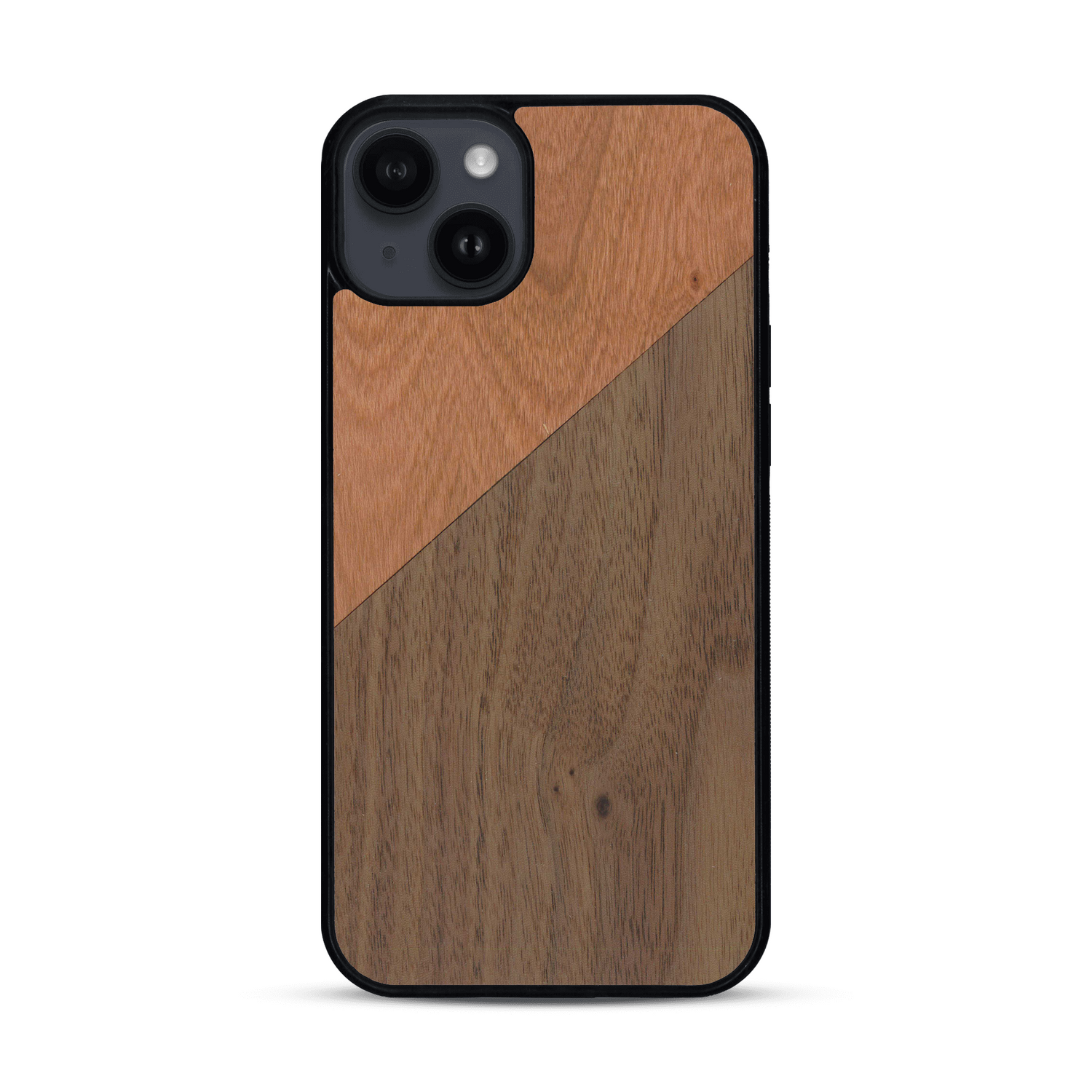 Coque de protection en bois véritable fabriquée en France pour  alliant du merisier et du noyer formant chacun un triangle avec une jointure en diagonale sur le thème de l'art abstrait