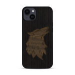 Coque de protection en bois véritable fabriquée en France pour  alliant du chêne fumé et du noyer représentant une tête de loup géométrique de profil sur le thème des animaux et de la nature