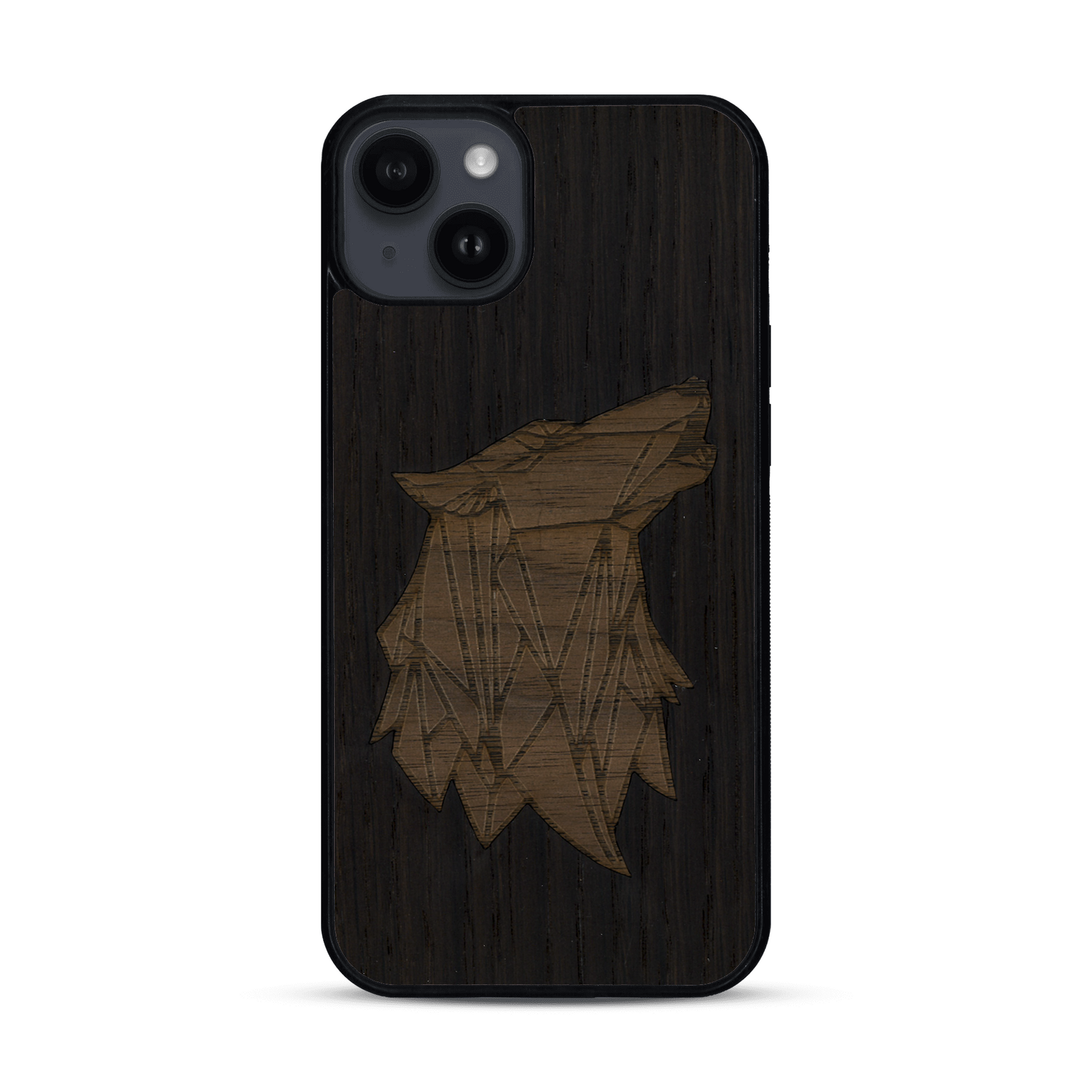 Coque de protection en bois véritable fabriquée en France pour  alliant du chêne fumé et du noyer représentant une tête de loup géométrique de profil sur le thème des animaux et de la nature