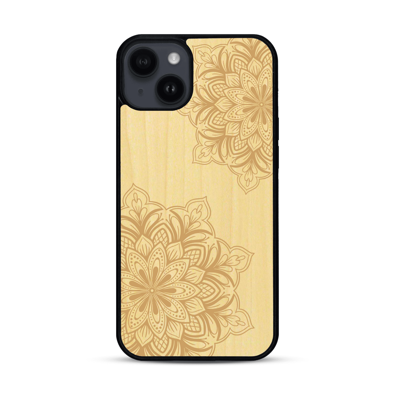 Coque de protection en bois véritable fabriquée en France pour  sur le thème de la bohème et du tatouage au henné avec une gravure représentant un mandala