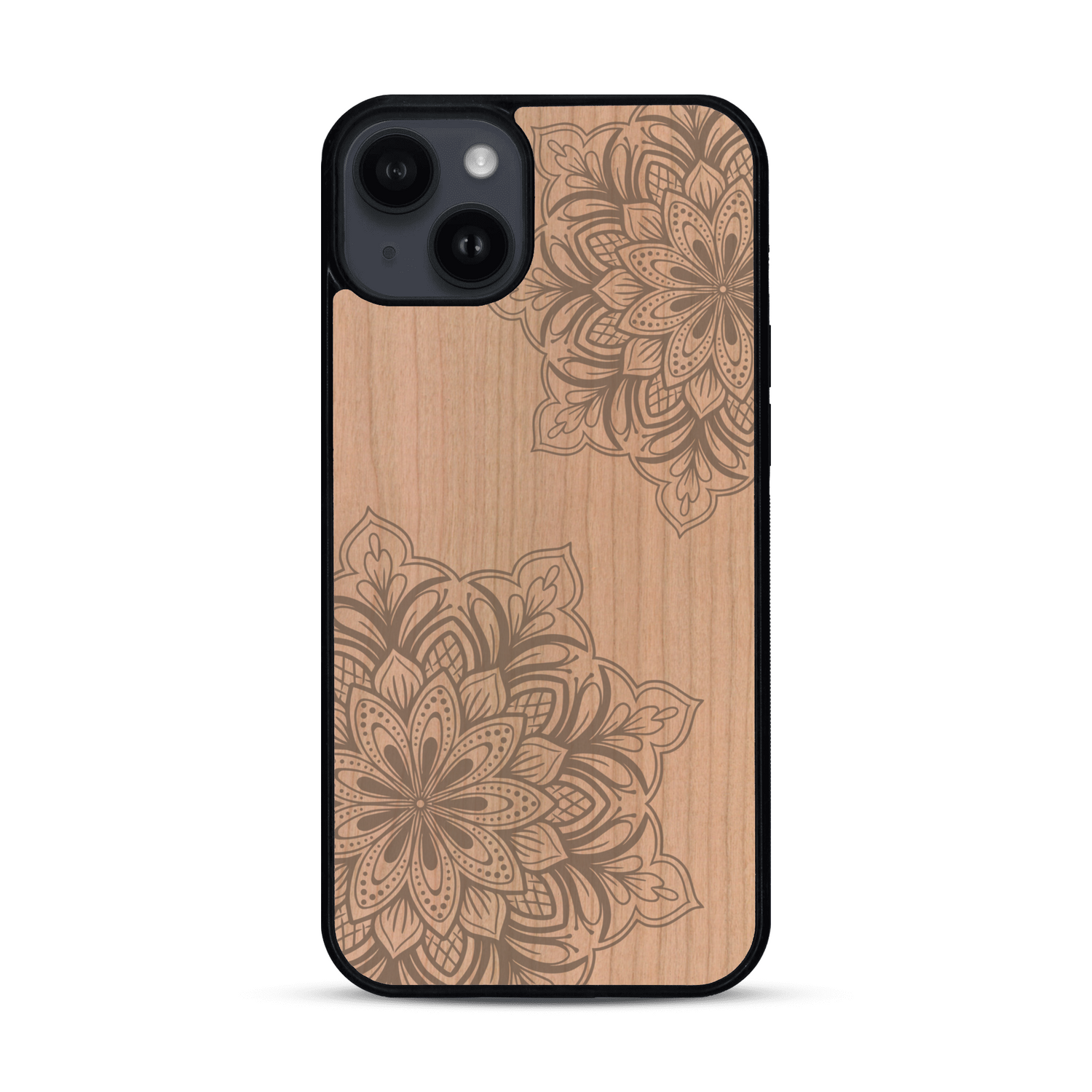 Coque de protection en bois véritable fabriquée en France pour  sur le thème de la bohème et du tatouage au henné avec une gravure représentant un mandala