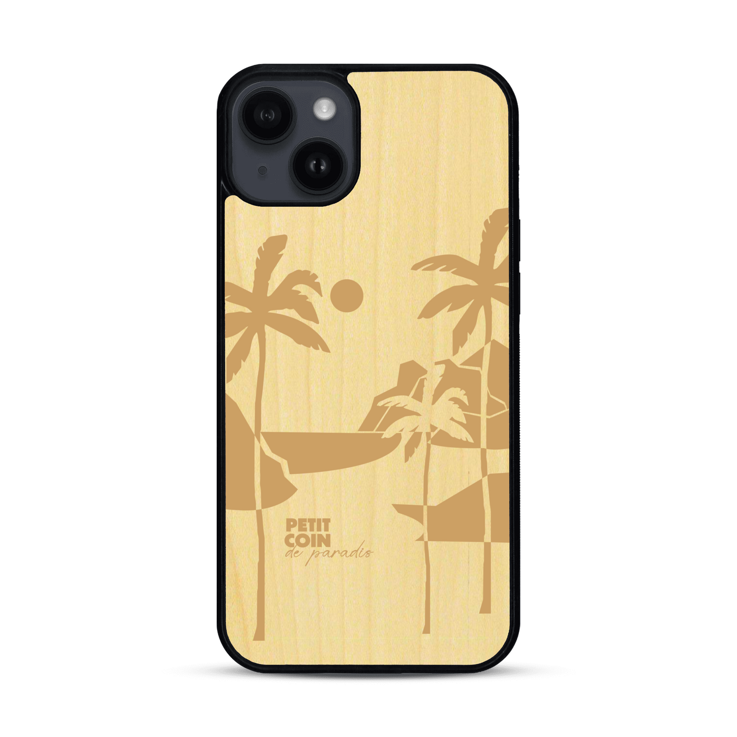 Coque de protection en bois véritable fabriquée en France pour  sur le thème des voyages en vans, vanlife et chill avec une gravure représentant un van vw combi devant le soleil couchant sur une plage avec des vagues