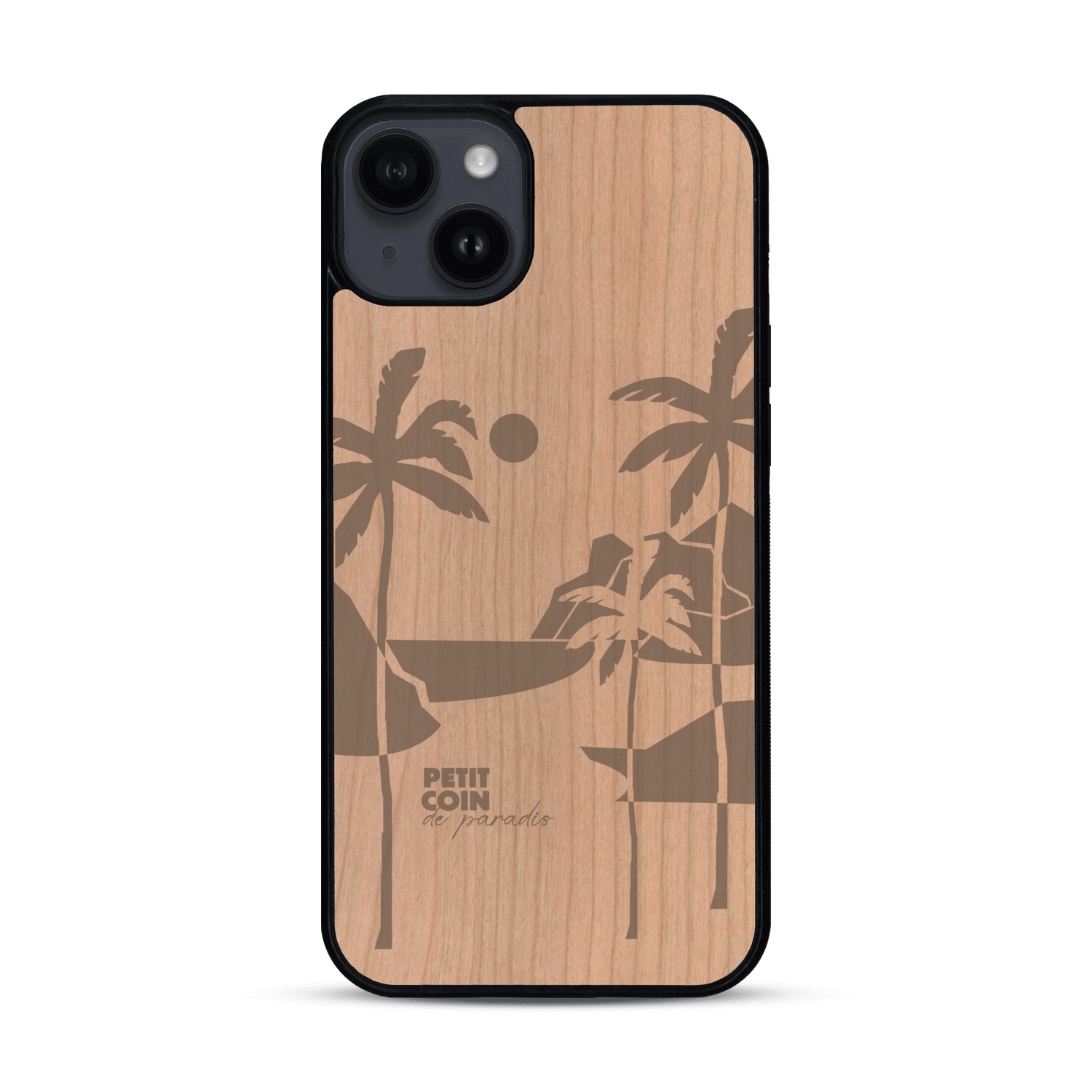 Coque de protection en bois véritable fabriquée en France pour  sur le thème des voyages en vans, vanlife et chill avec une gravure représentant un van vw combi devant le soleil couchant sur une plage avec des vagues