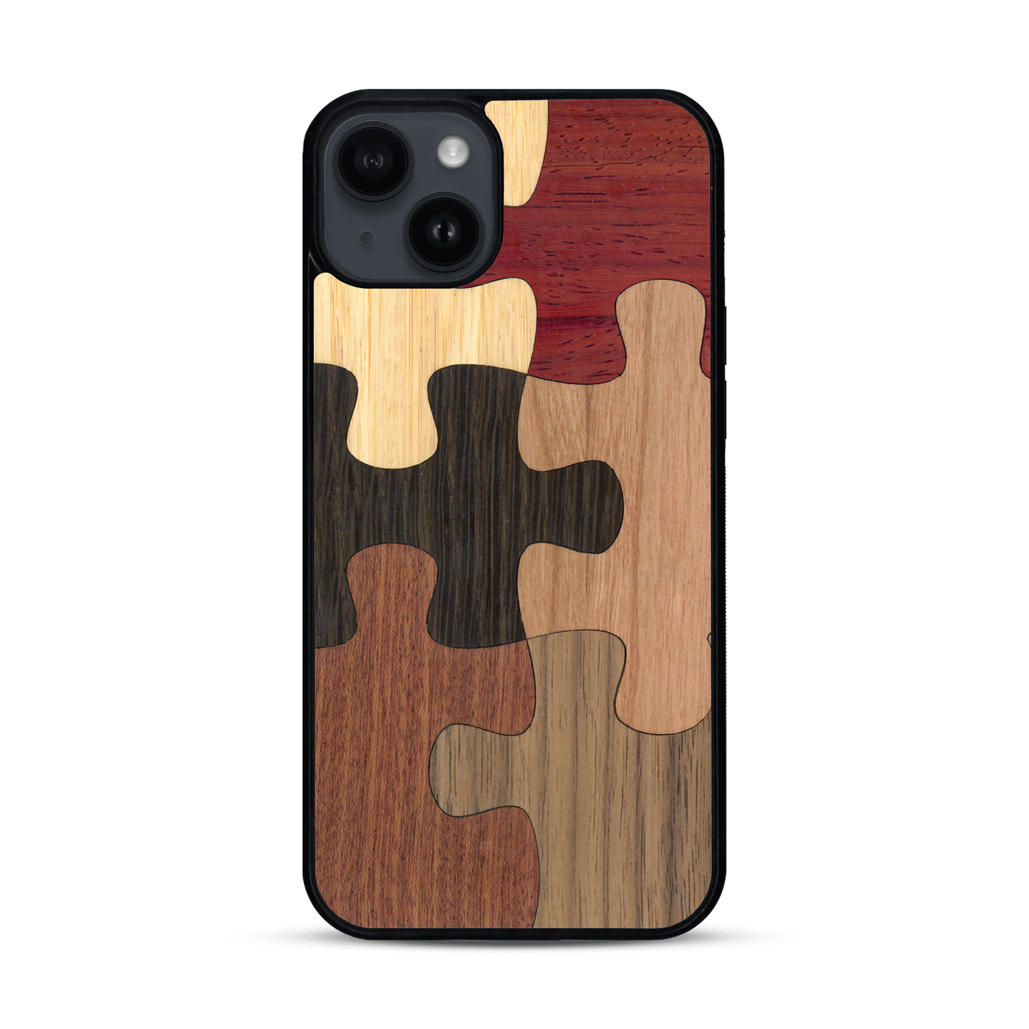 Coque de protection en bois véritable fabriquée en France pour  représentant un puzzle en six pièces qui allie du chêne fumé, du noyer, du bambou, du padouk, du merisier et de l'acajou