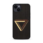 Coque de protection en bois véritable fabriquée en France pour  sur le thème de l'art géométrique qui allie du chêne fumé, du noyer, du bambou et du padouk représentant le triangle de penrose
