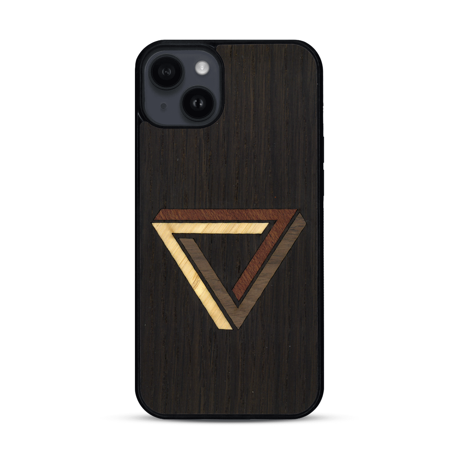 Coque de protection en bois véritable fabriquée en France pour  sur le thème de l'art géométrique qui allie du chêne fumé, du noyer, du bambou et du padouk représentant le triangle de penrose