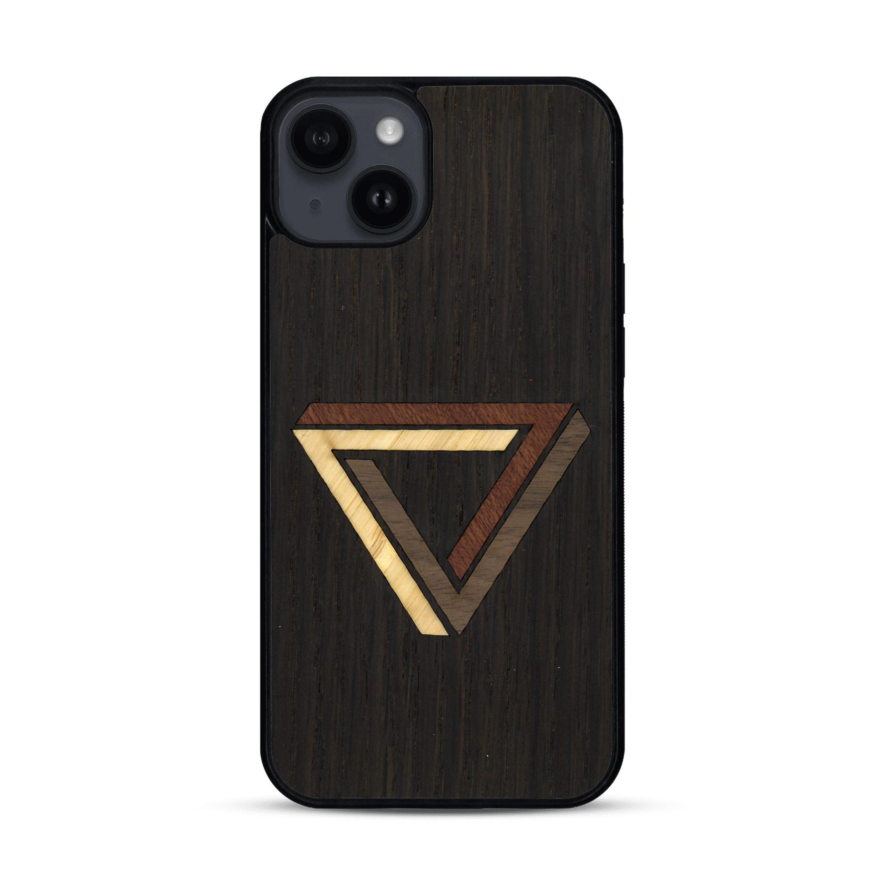 Coque de protection en bois véritable fabriquée en France pour  sur le thème de l'art géométrique qui allie du chêne fumé, du noyer, du bambou et du padouk représentant le triangle de penrose