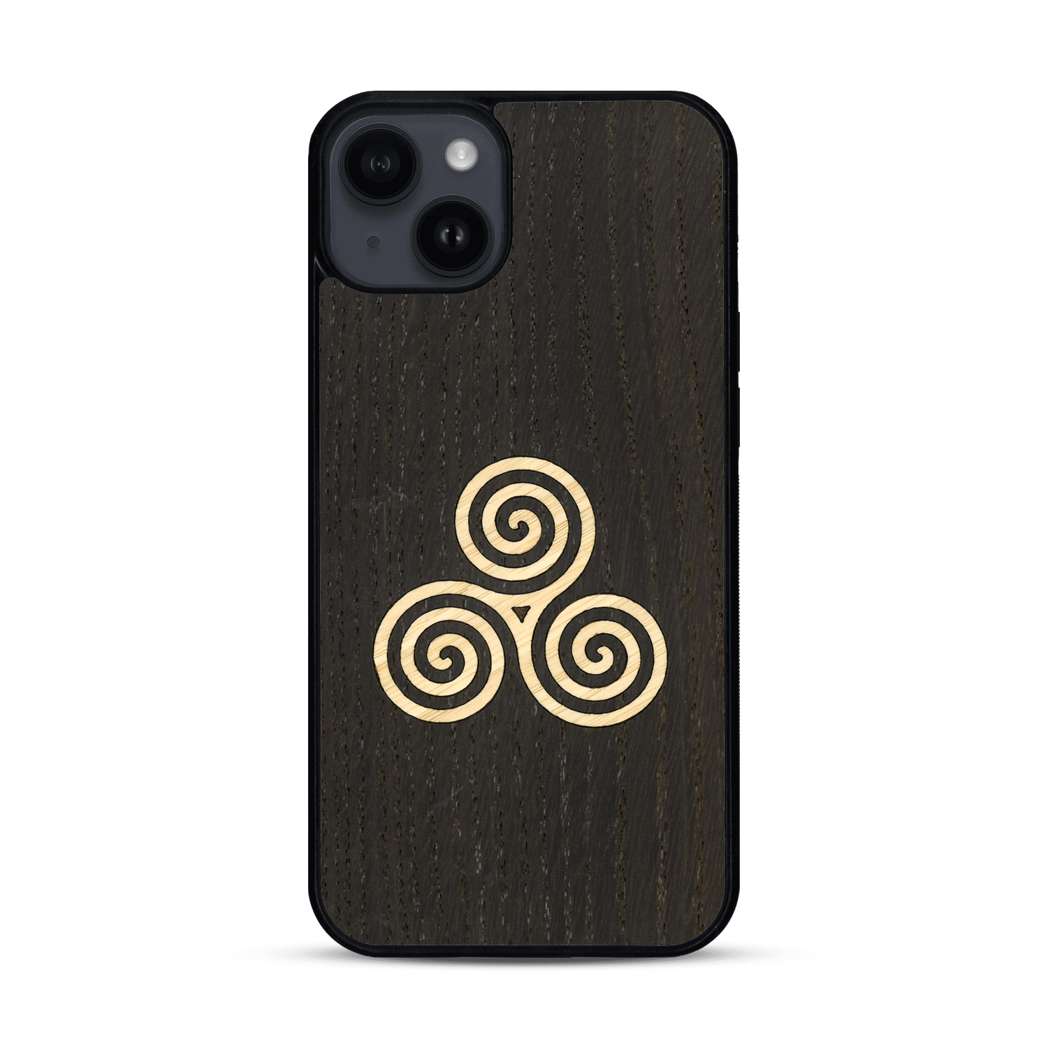 Coque de protection en bois véritable fabriquée en France pour  alliant du chêne fumé et du bambou et doré représentant un triskell
