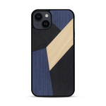 Coque de protection en bois véritable fabriquée en France pour  alliant du bambou, du tulipier bleu et noir en forme de mosaïque minimaliste sur le thème de l'art abstrait
