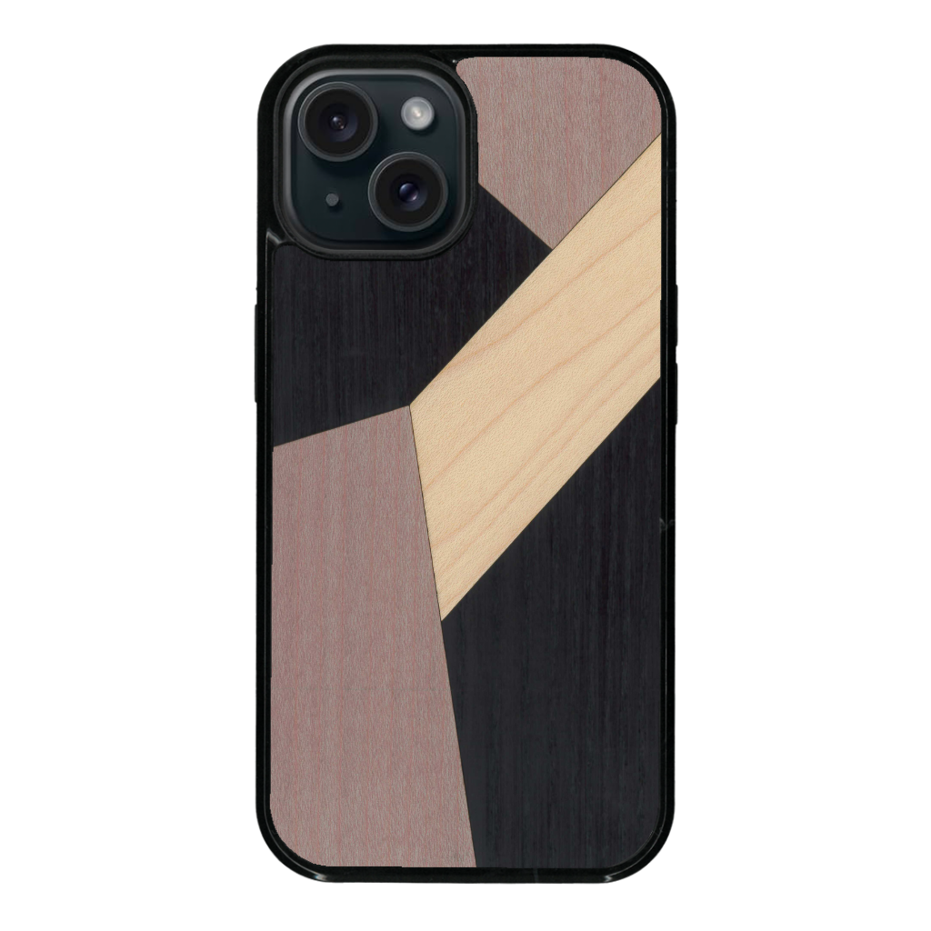 Coque de protection en bois véritable fabriquée en France pour iPhone 14 Plus alliant du bambou, du tulipier mauve et noir en forme de mosaïque minimaliste sur le thème de l'art abstrait