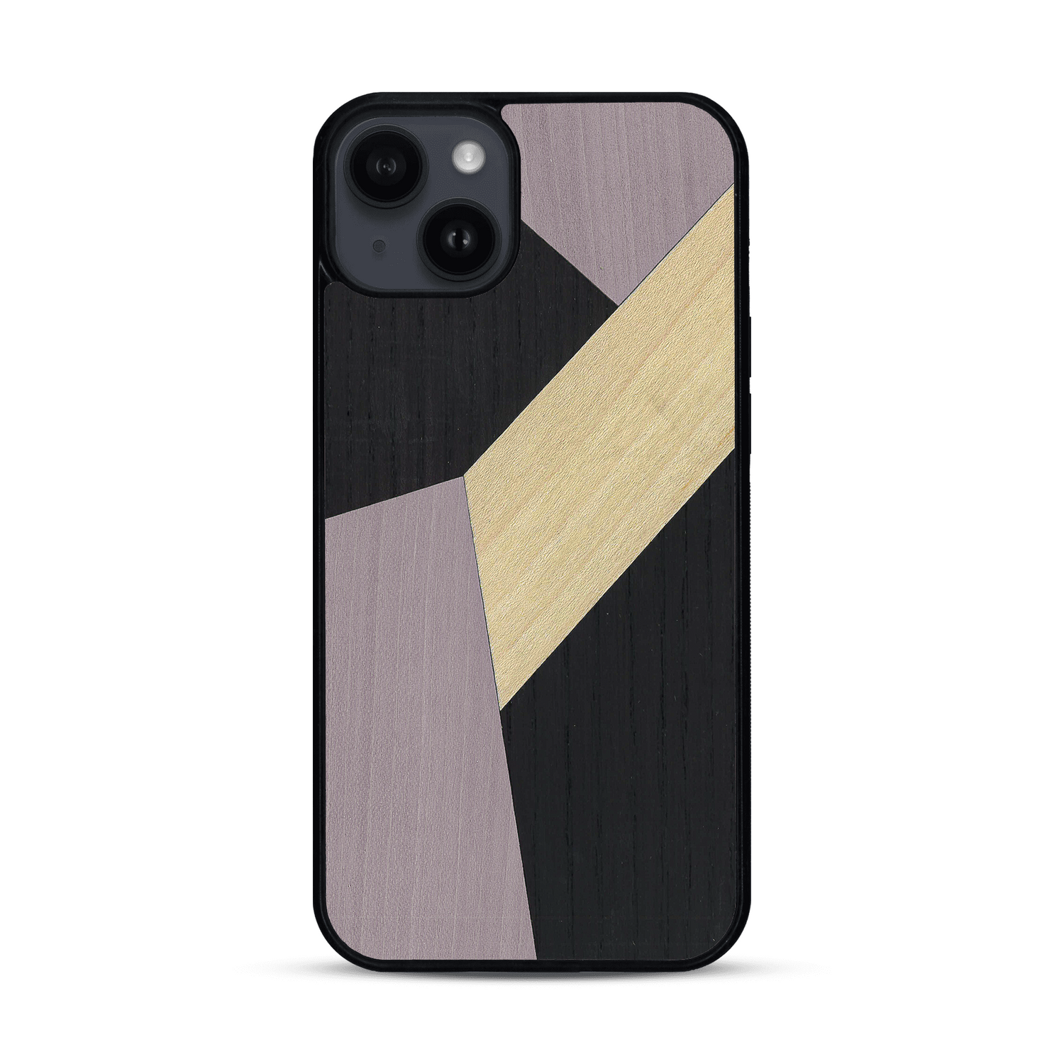 Coque de protection en bois véritable fabriquée en France pour  alliant du bambou, du tulipier mauve et noir en forme de mosaïque minimaliste sur le thème de l'art abstrait