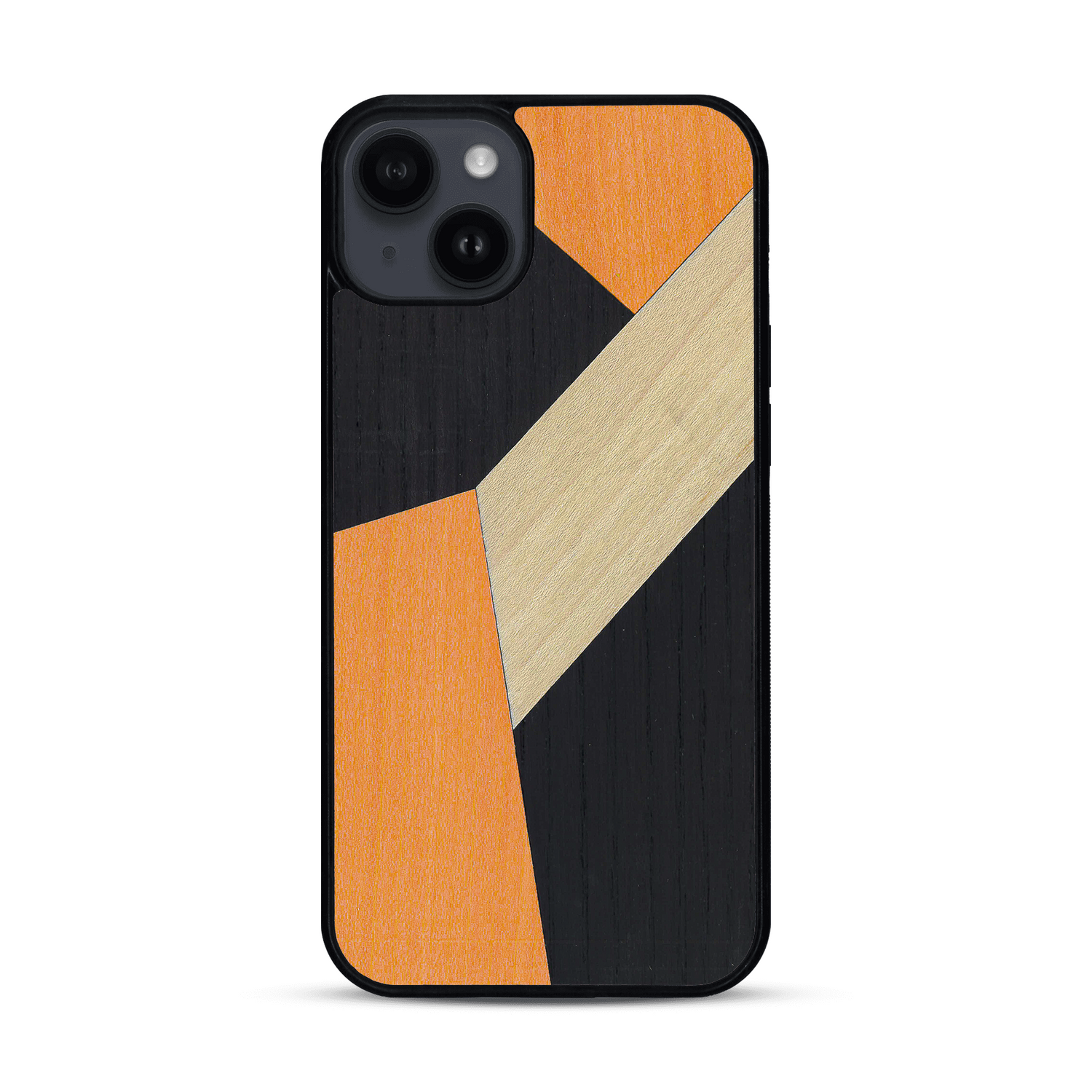 Coque de protection en bois véritable fabriquée en France pour  alliant du bambou, du tulipier orange et noir en forme de mosaïque minimaliste sur le thème de l'art abstrait