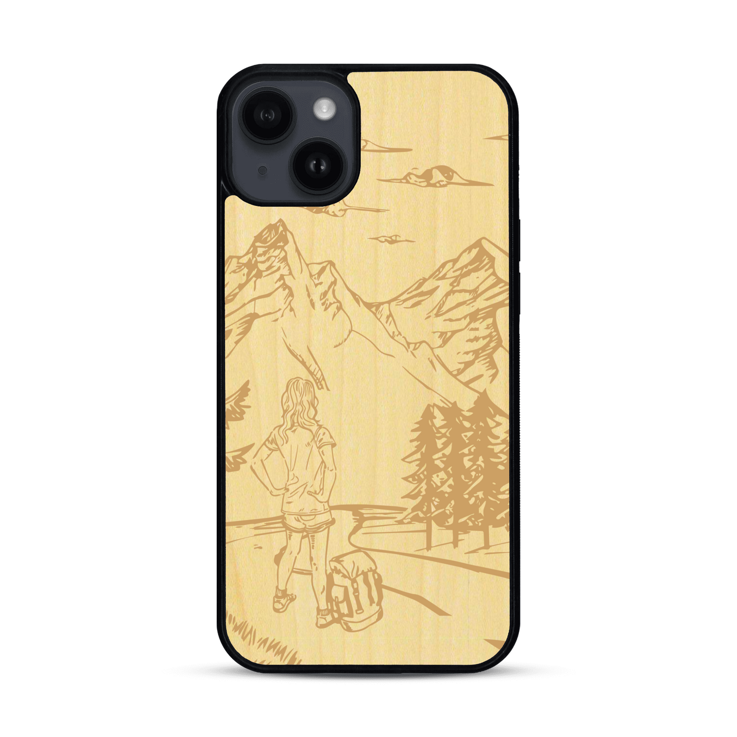 Coque de protection en bois véritable fabriquée en France pour  sur le thème de la randonnée en montagne et de l'aventure avec une gravure représentant une femme de dos face à un paysage de nature