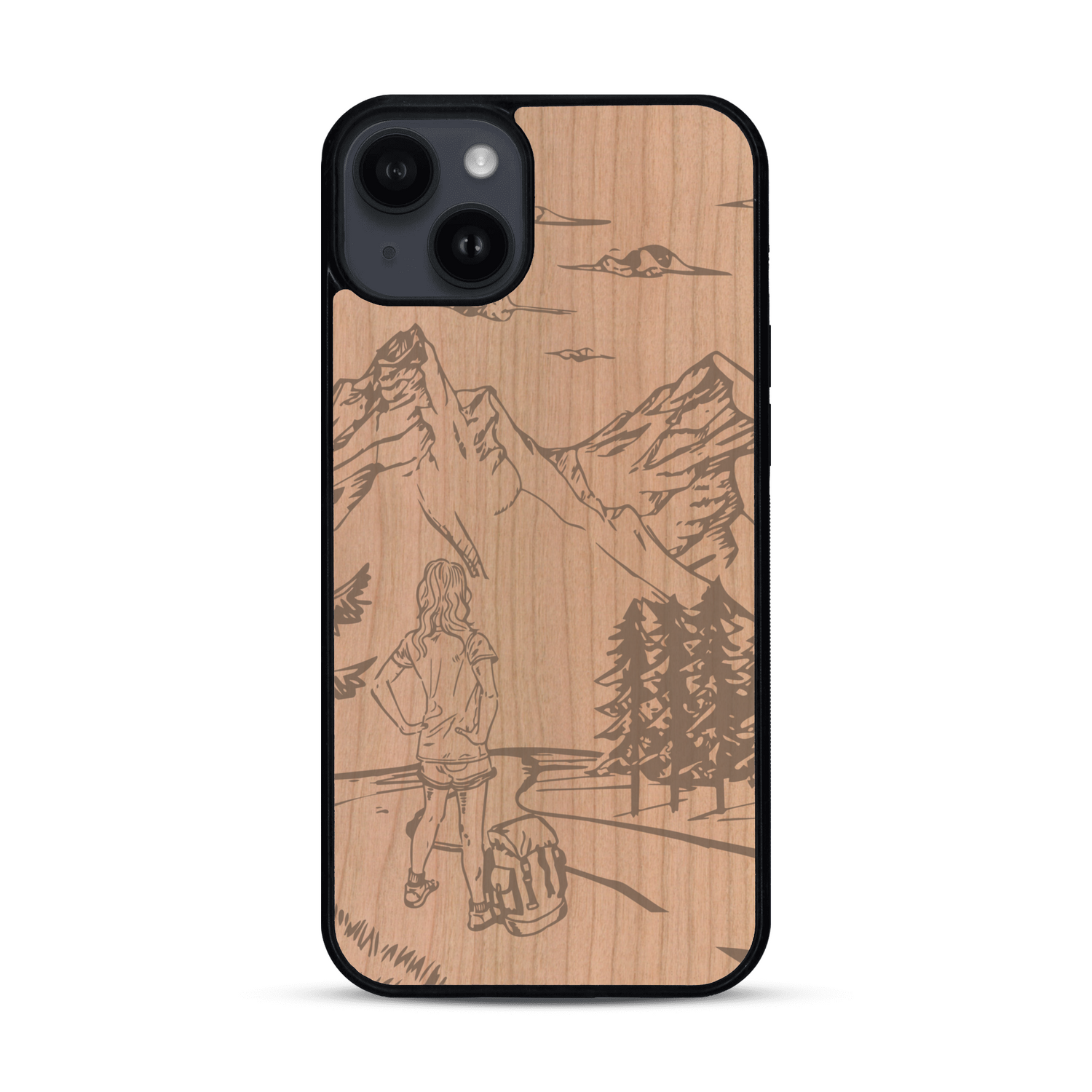 Coque de protection en bois véritable fabriquée en France pour  sur le thème de la randonnée en montagne et de l'aventure avec une gravure représentant une femme de dos face à un paysage de nature