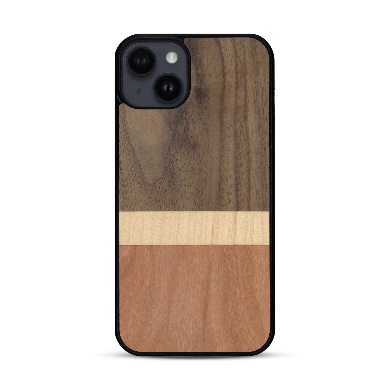 Coque de protection en bois véritable fabriquée en France pour  alliant des bandes horizontales de bambou, merisier et noyer