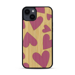 Coque de protection en bois véritable fabriquée en France pour  alliant plusieurs essences de bois pour représenter des coeurs pour les amoureux