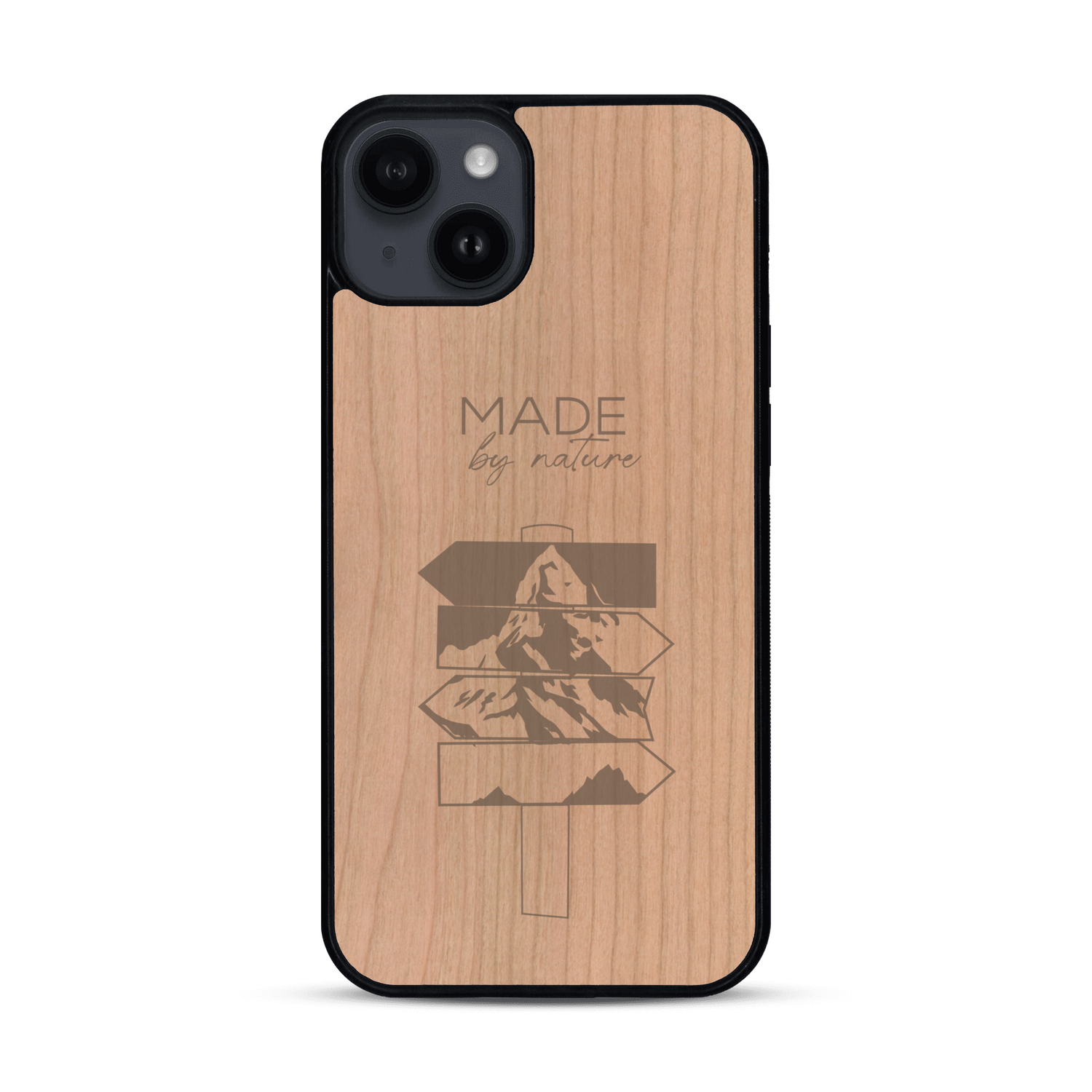 Coque de protection en bois véritable fabriquée en France pour  sur le thème de la nature et des arbres avec une gravure représentant une pomme de pin et la phrase "made by nature"