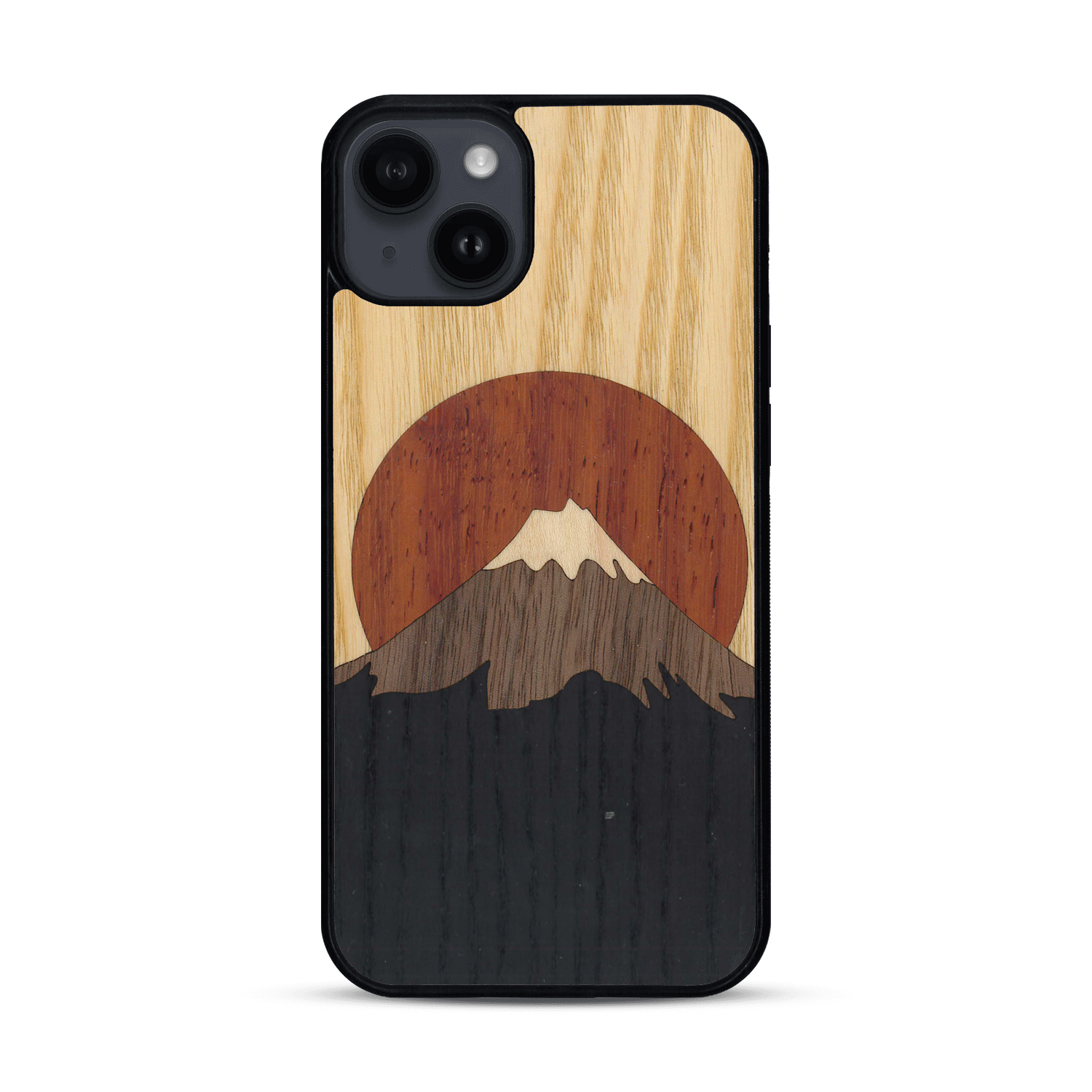 Coque de protection en bois véritable fabriquée en France pour  alliant plusieurs essences de bois pour représenter le mont Fuji