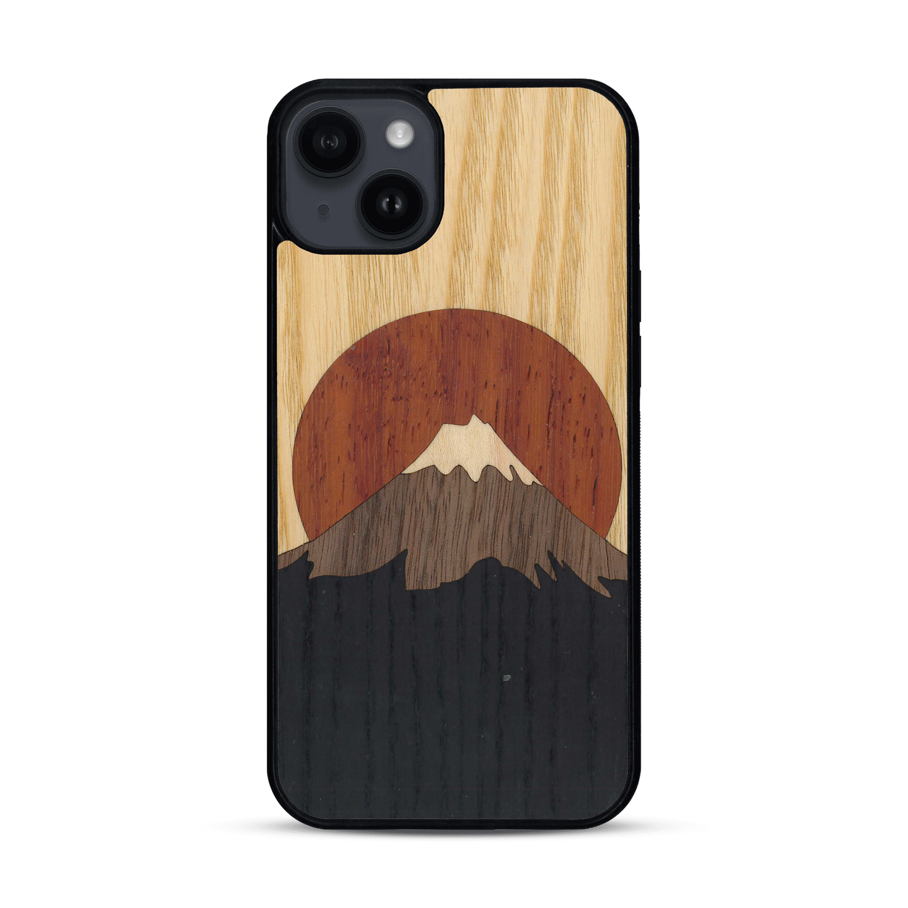 Coque de protection en bois véritable fabriquée en France pour  alliant plusieurs essences de bois pour représenter le mont Fuji