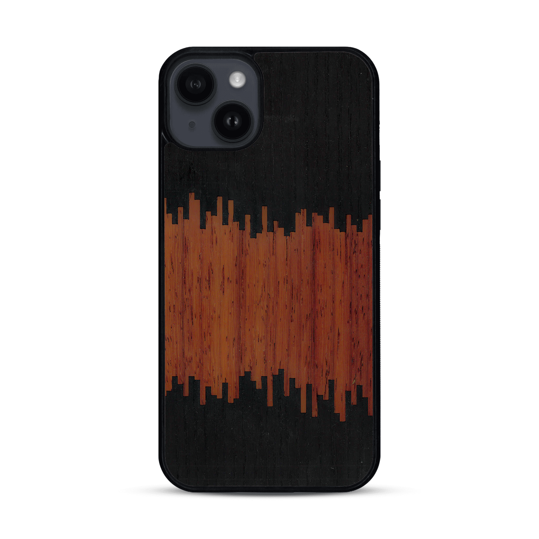 Coque de protection en bois véritable fabriquée en France pour  alliant plusieurs essences de bois pour représenter du magma en fusion