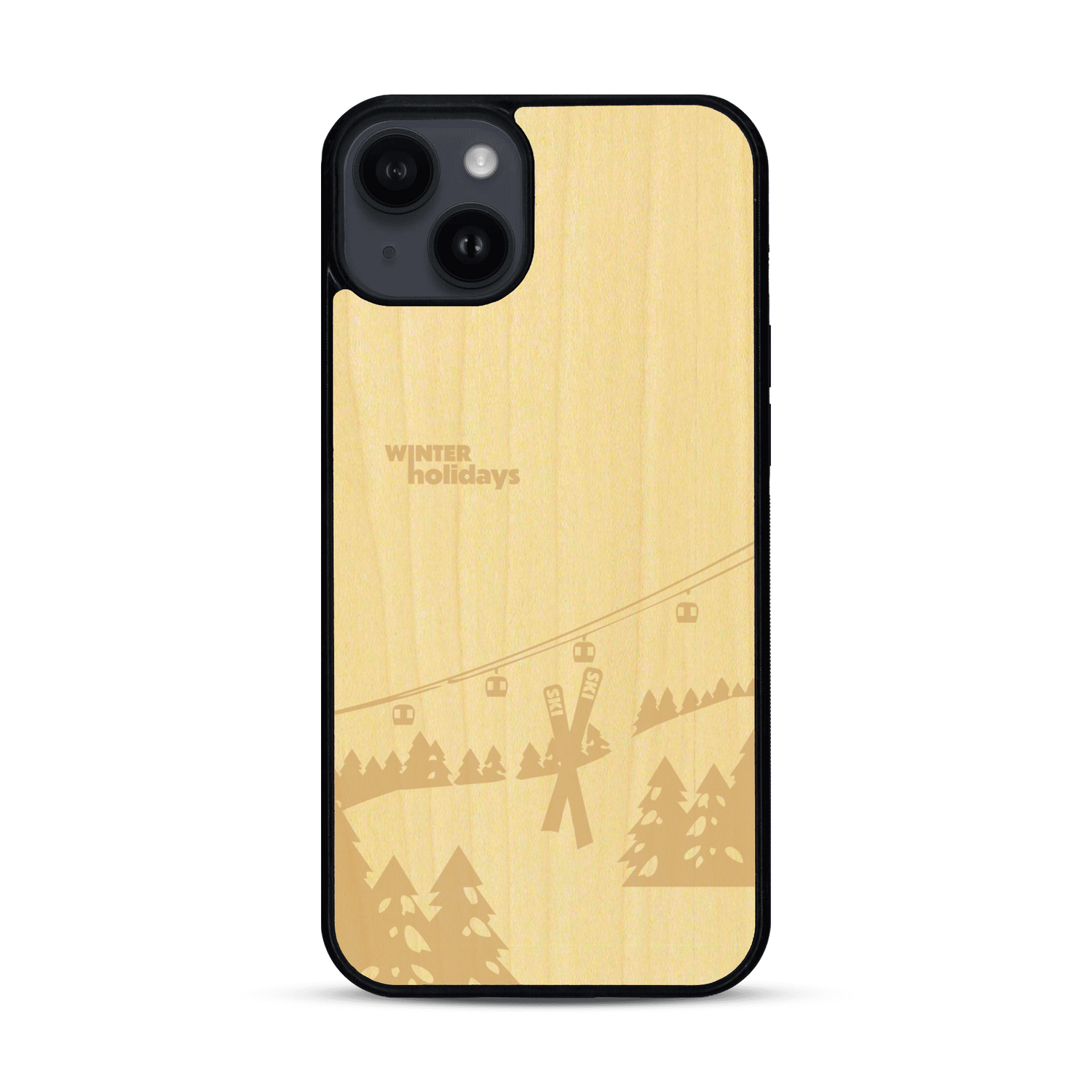 Coque de protection en bois véritable fabriquée en France pour  sur le thème de la montagne, du ski et de la neige avec un motif représentant une paire de ski plantée dans la neige avec en fond des montagnes enneigées