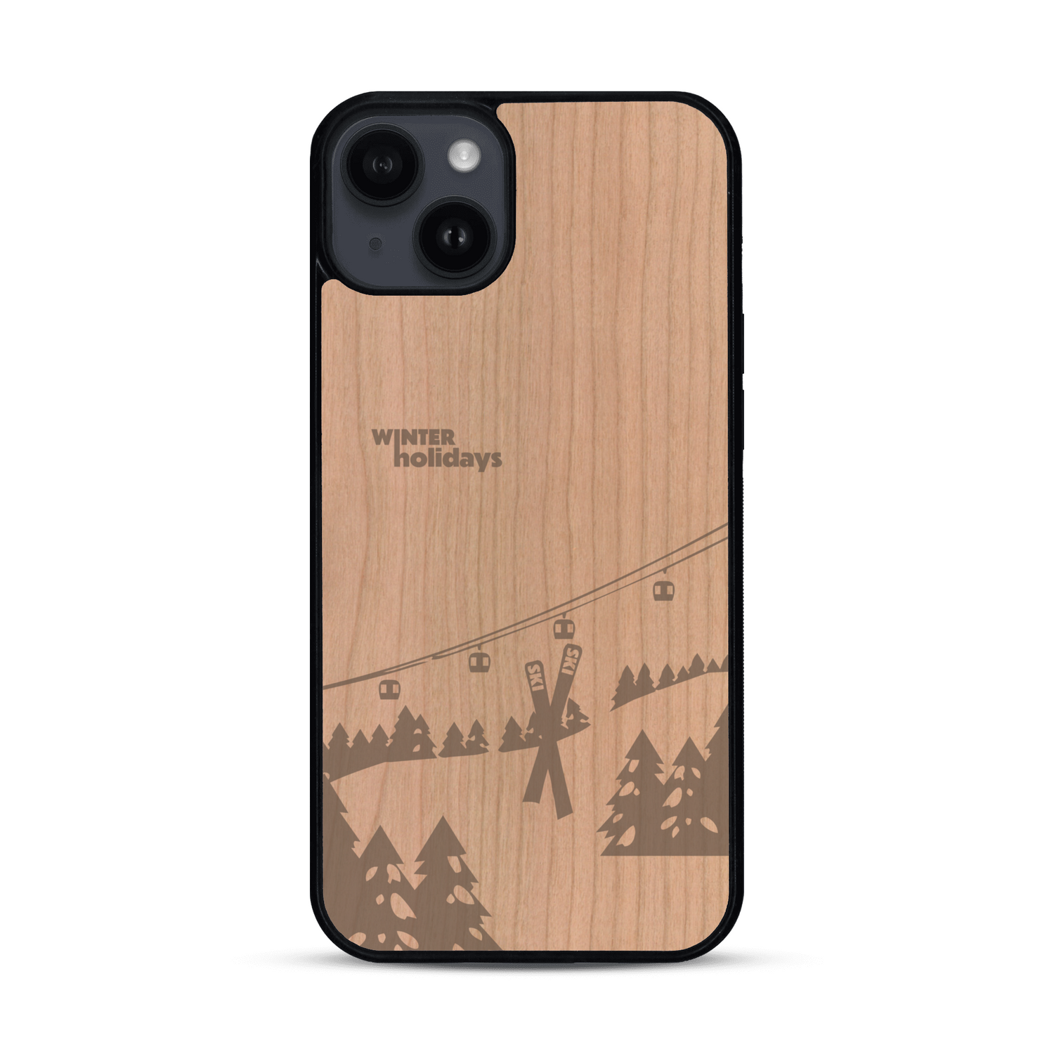 Coque de protection en bois véritable fabriquée en France pour  sur le thème de la montagne, du ski et de la neige avec un motif représentant une paire de ski plantée dans la neige avec en fond des montagnes enneigées
