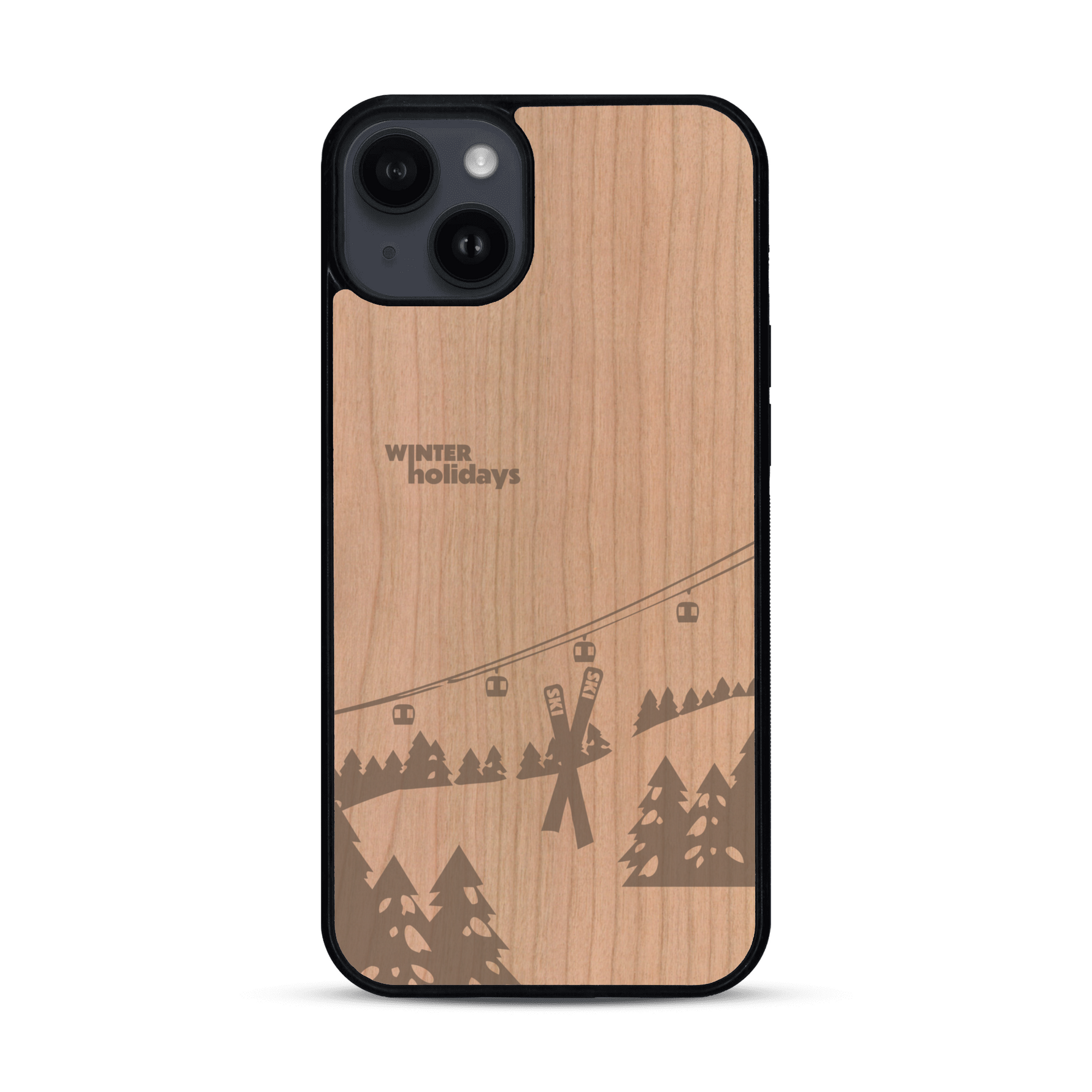 Coque de protection en bois véritable fabriquée en France pour  sur le thème de la montagne, du ski et de la neige avec un motif représentant une paire de ski plantée dans la neige avec en fond des montagnes enneigées