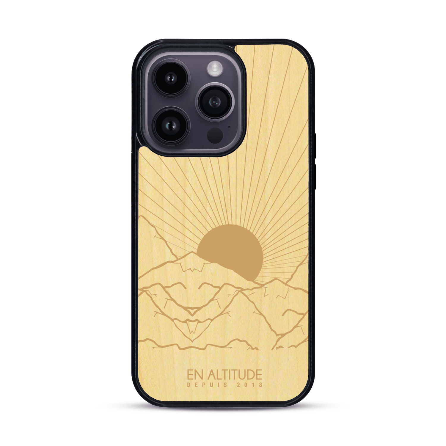 Coque de protection en bois véritable fabriquée en France pour  représentant des montagnes, sur le thème de la randonnée en pleine nature et du trail