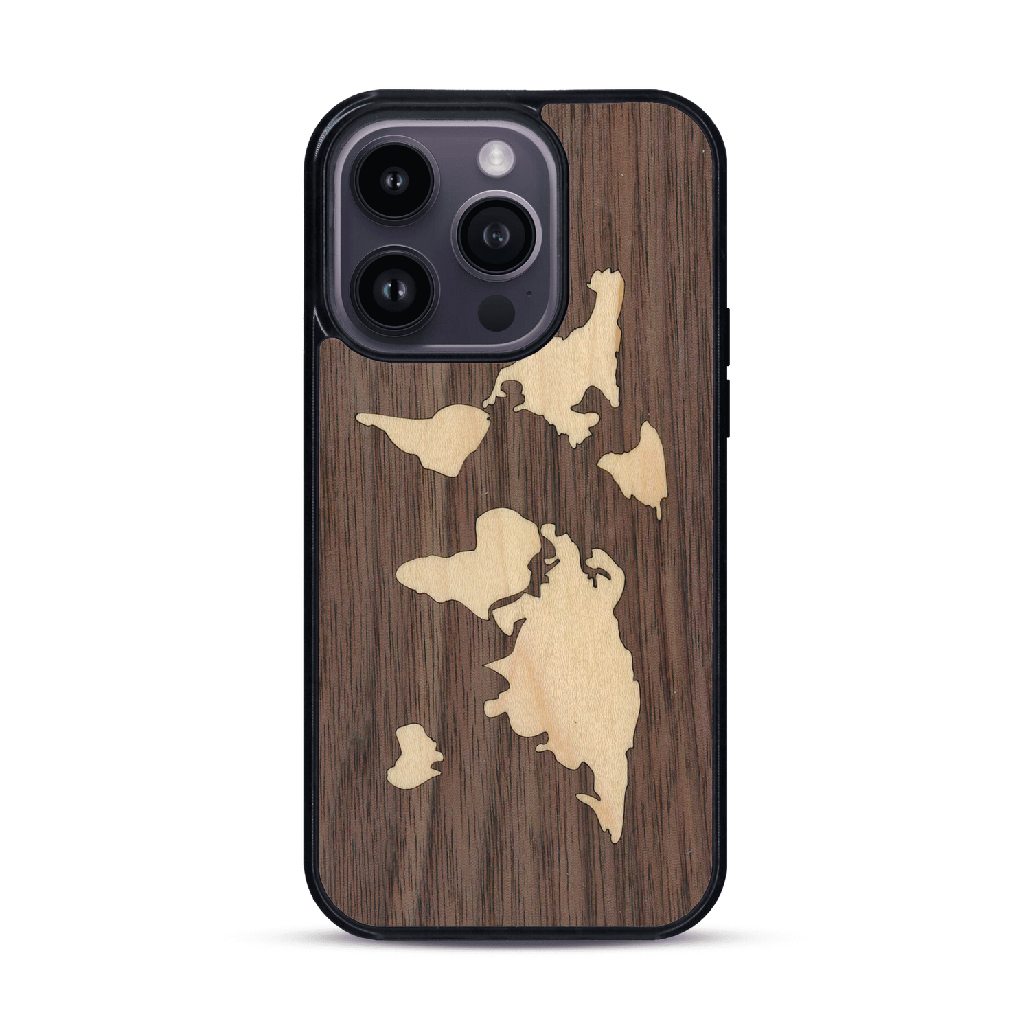 Coque de protection en bois véritable fabriquée en France pour  alliant du bambou et du noyer sur le thème du voyage et de l'aventure représentant une mappemonde