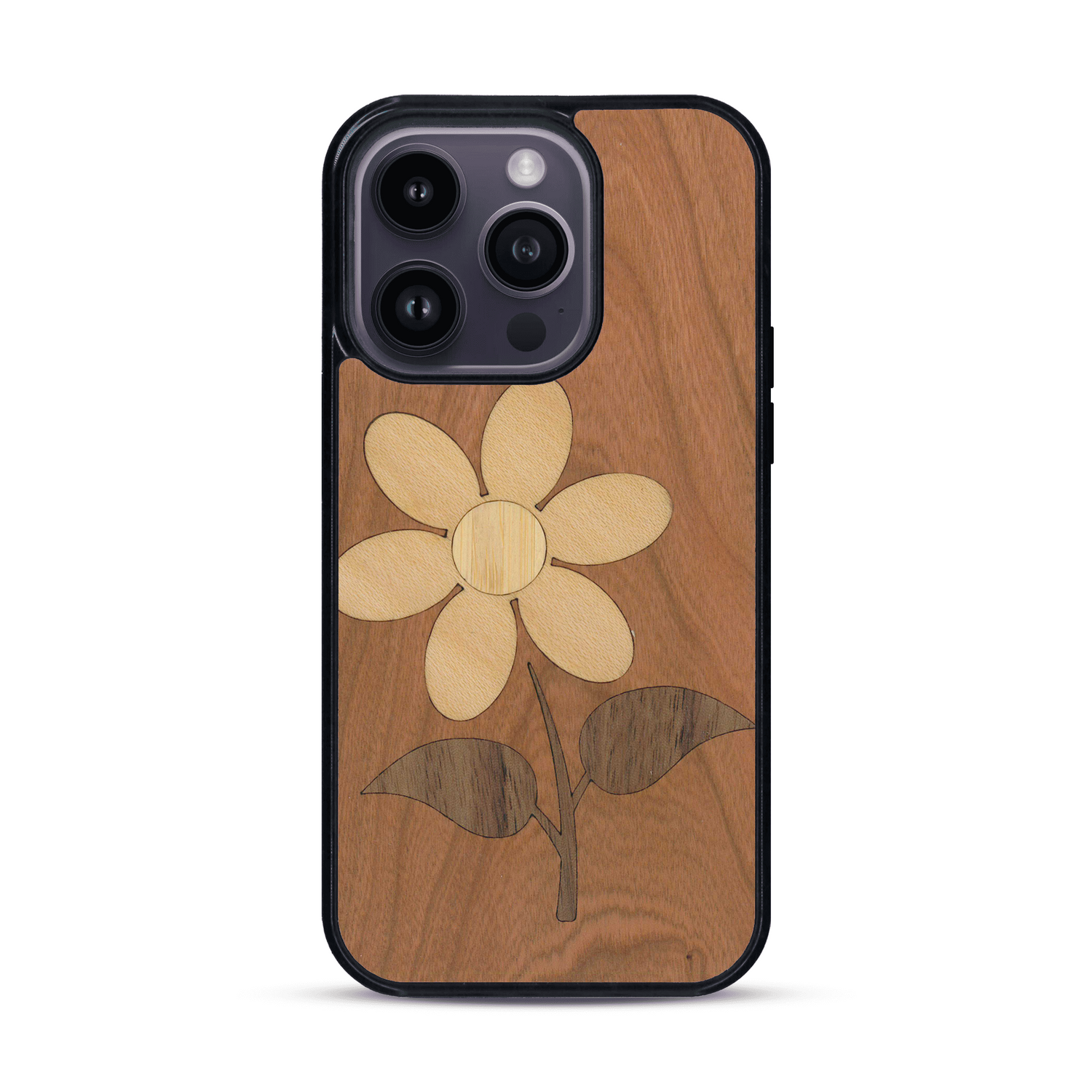 Coque de protection en bois véritable fabriquée en France pour  alliant plusieurs essences de bois pour représenter une marguerite