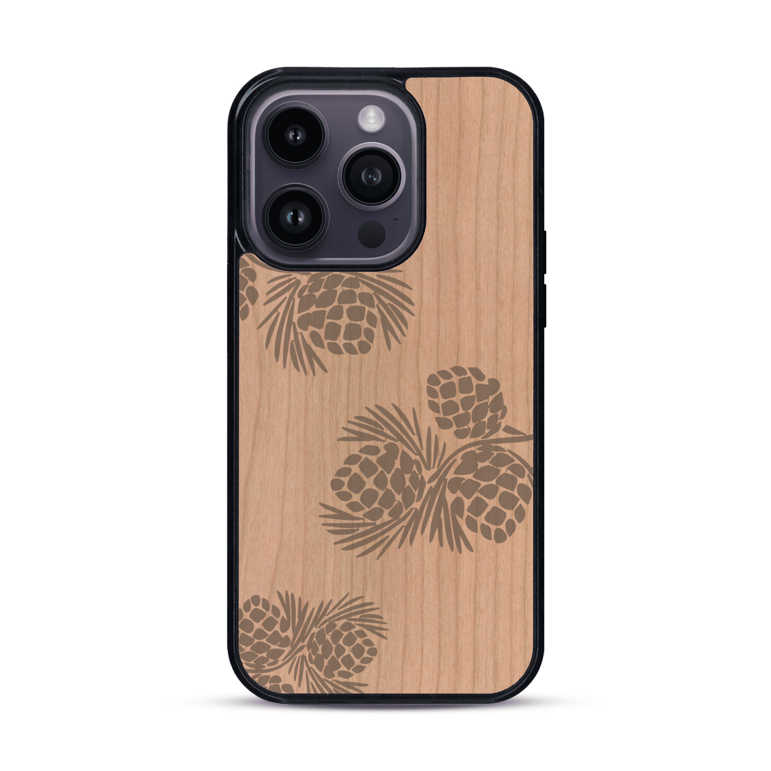 Coque de protection en bois véritable fabriquée en France pour  sur le thème de la nature des arbres avec un motif de gravure représentant des épines de sapin et des pommes de pin