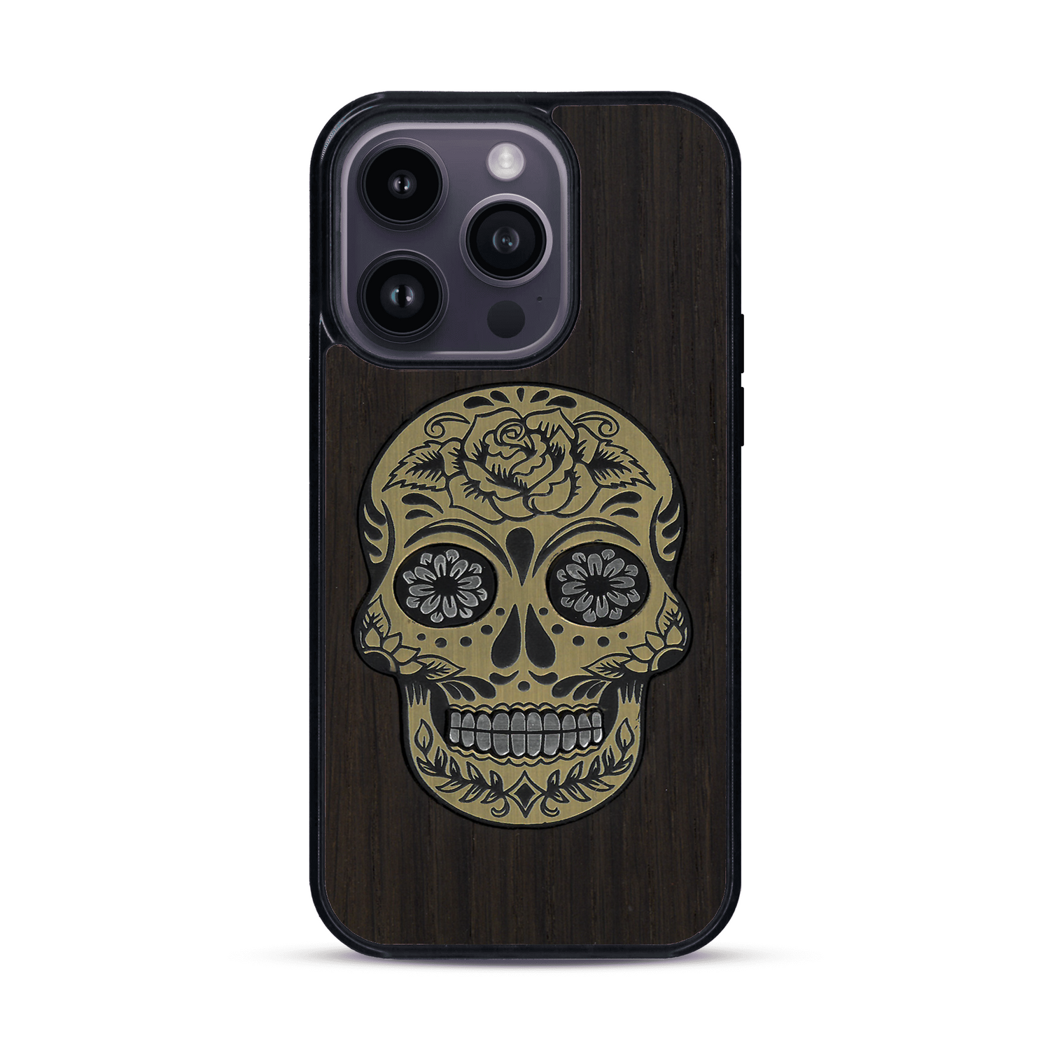 Coque de protection en bois véritable fabriquée en France pour  alliant du chêne fumé avec du métal argenté et doré représentant une tête de mort mexicaine sur le thème Dia de los Muertos