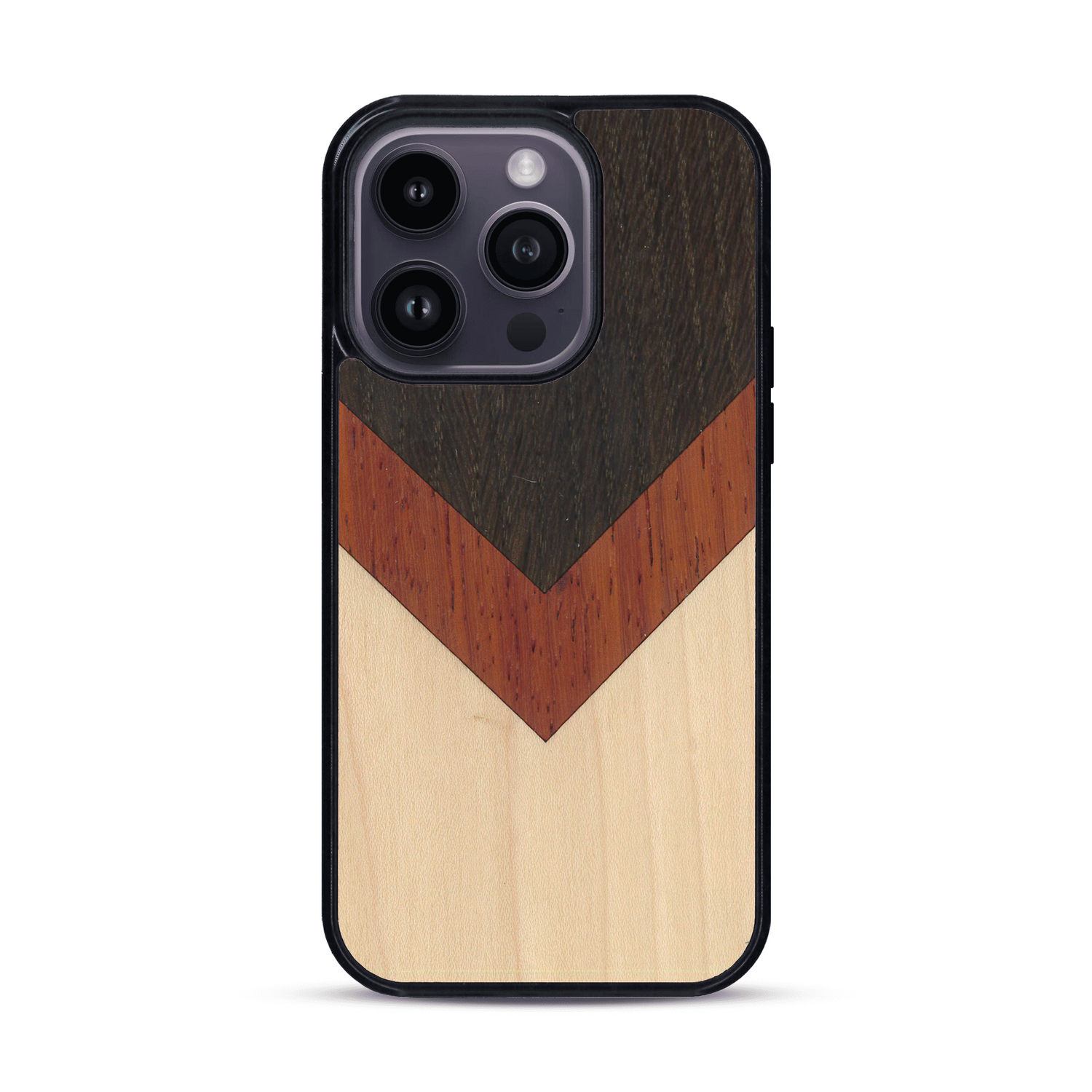 Coque de protection en bois véritable fabriquée en France pour  alliant du chêne fumé, du padouk et du bambou en forme de chevron sur le thème de l'art abstrait