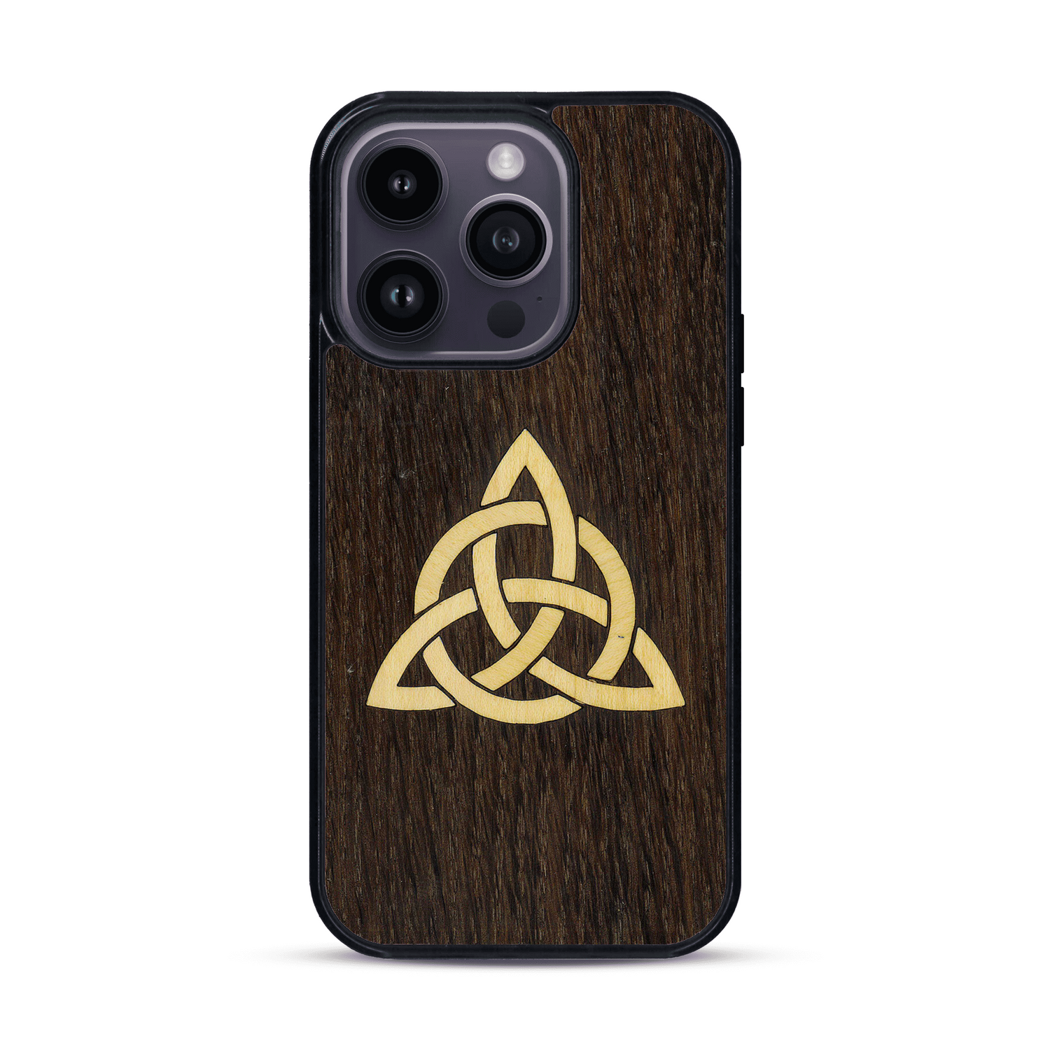 Coque de protection en bois véritable fabriquée en France pour  alliant du chêne fumé et du bambou représentant une triquetra