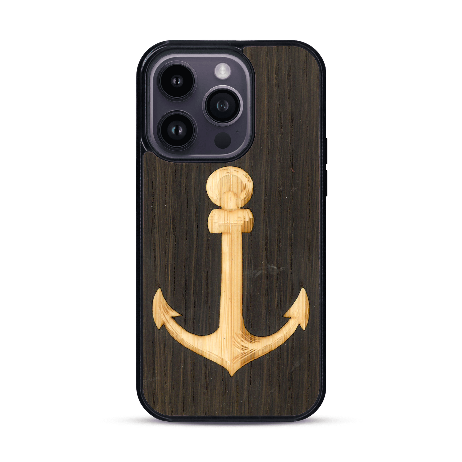 Coque de protection en bois véritable fabriquée en France pour  sur le thème nautique avec un bois clair et un bois foncé représentant une ancre de bateau