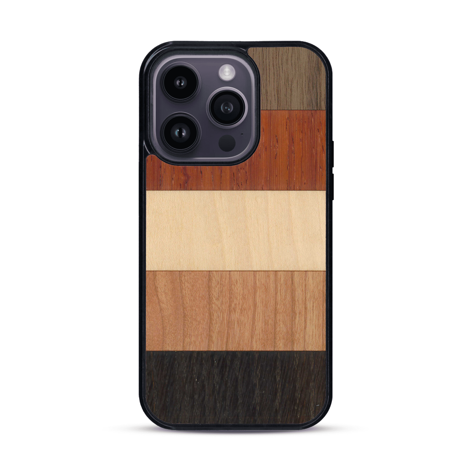 Coque de protection en bois véritable fabriquée en France pour  alliant des bandes horizontales de bambou, merisier, padouk, noyer et chêne fumé