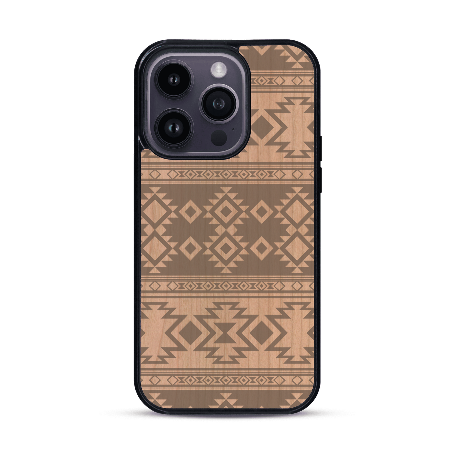 Coque de protection en bois véritable fabriquée en France pour  avec des motifs géométriques s'inspirant des temples aztèques, mayas et incas